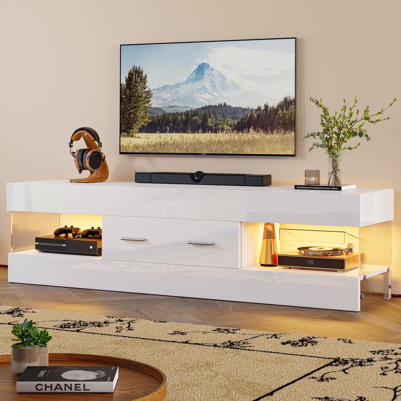 High Gloss TV Stand with LED and Stone-Patterned Panels