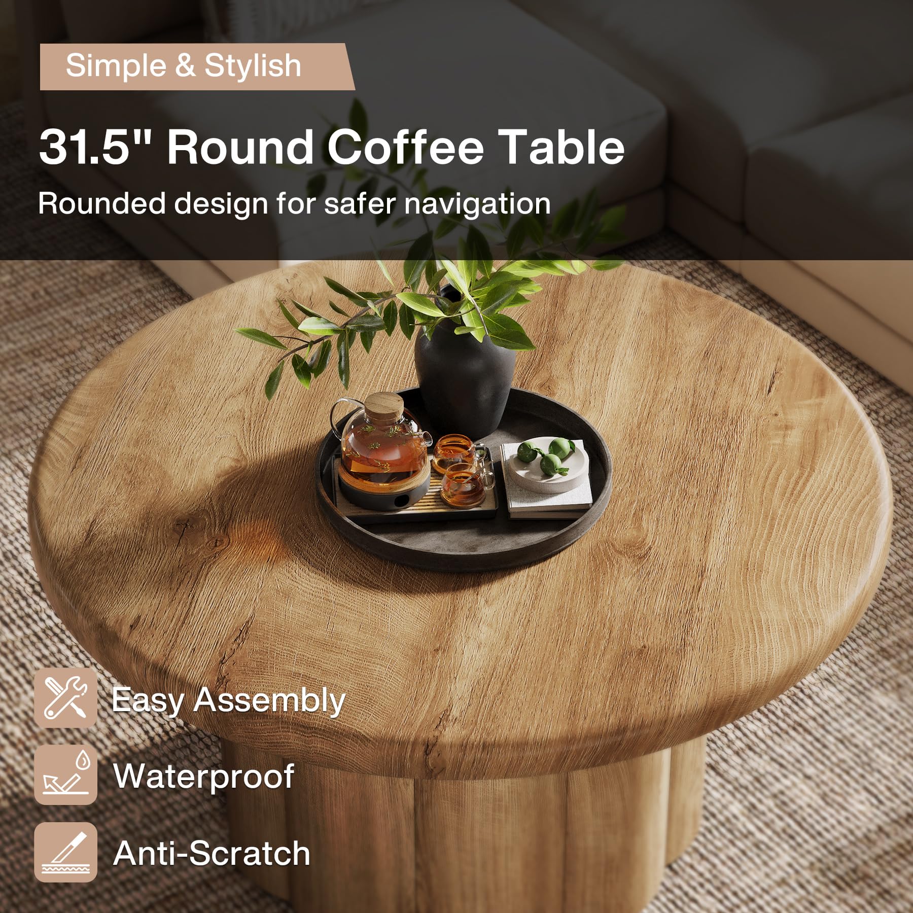 Round Coffee Table with Fluted Drum Base
