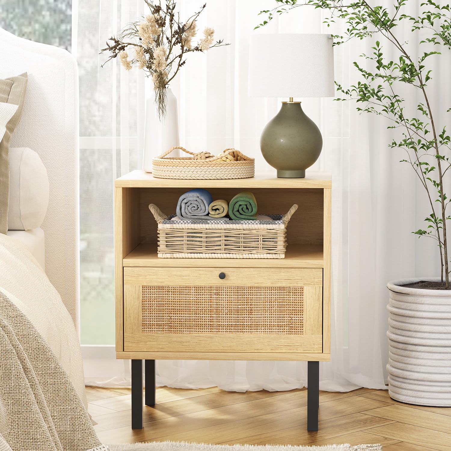 Rattan Nightstands Set of 2 with Door and Open Shelf