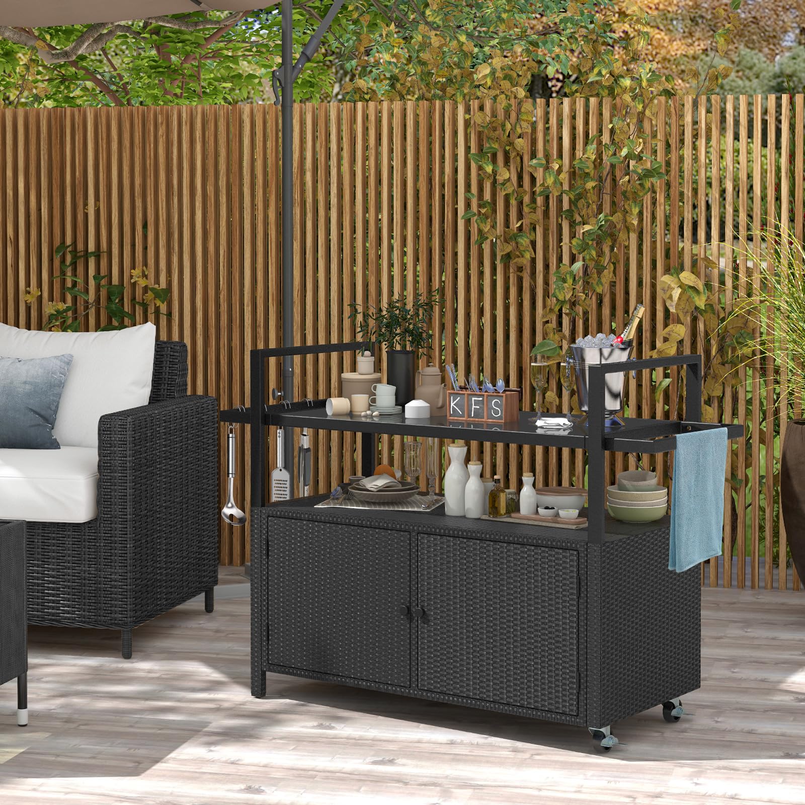 Outdoor Rolling Bar Cart with Tempered Glass Top