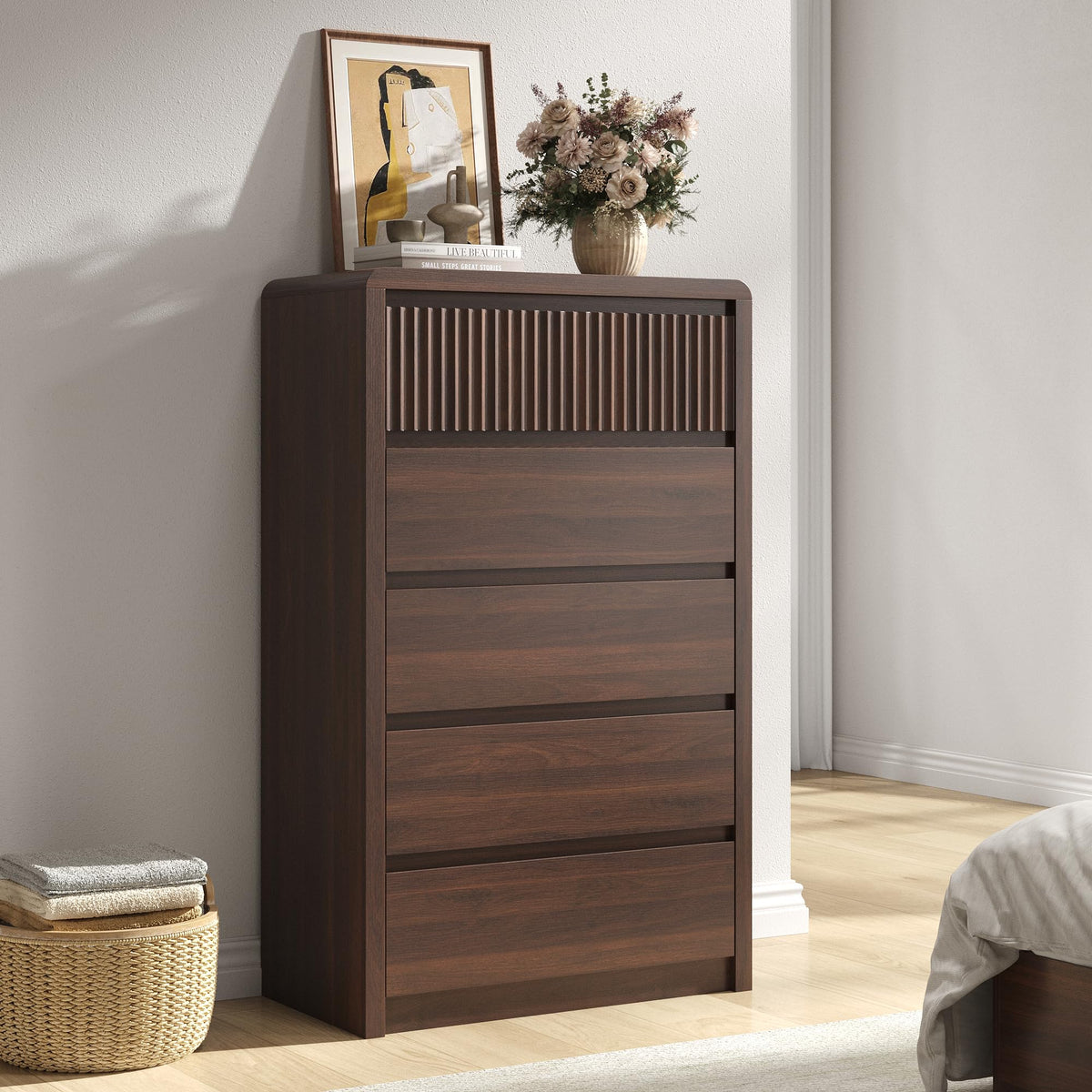 48" Fluted 5-Drawer Dresser with Curved Profile and Handleless Design
