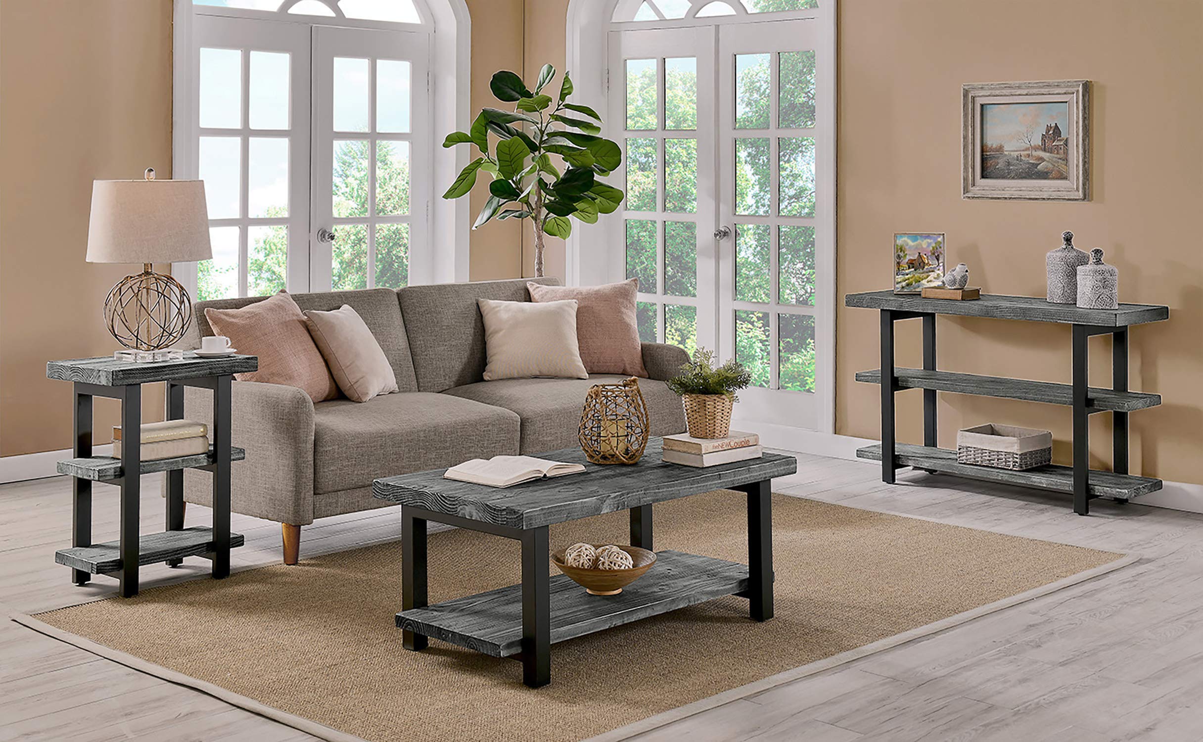 Pomona 3-Tier Industrial End Table with Solid Pine Wood and Metal Legs