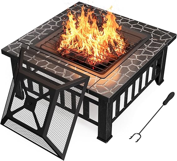 32 Inch Square Outdoor Fire Pit with Waterproof Cover