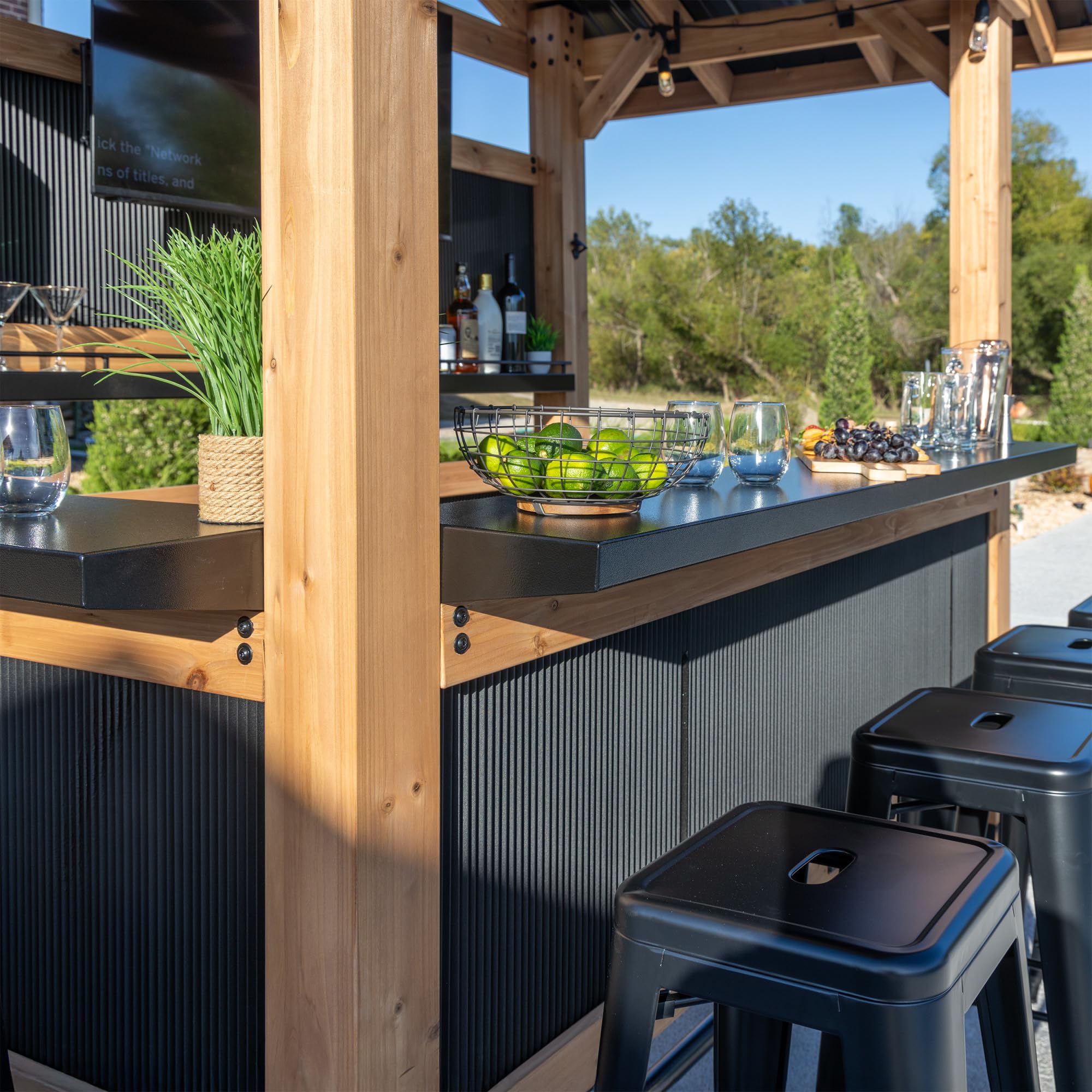 Palisade Cedar Wood Outdoor Bar Set with Galvanized Steel Roof