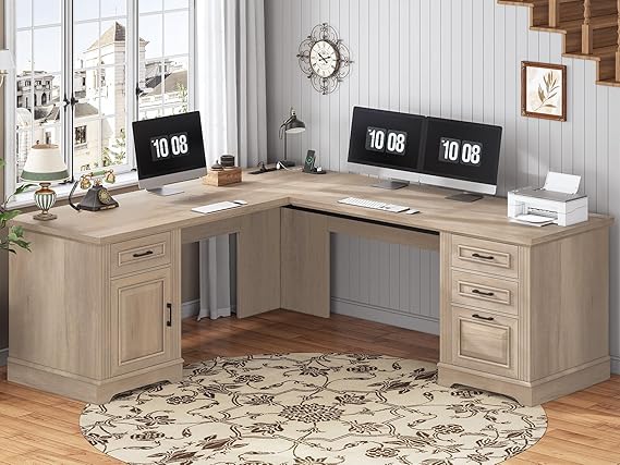 69" Executive L-Shaped Desk with Drawers and Storage Cabinet