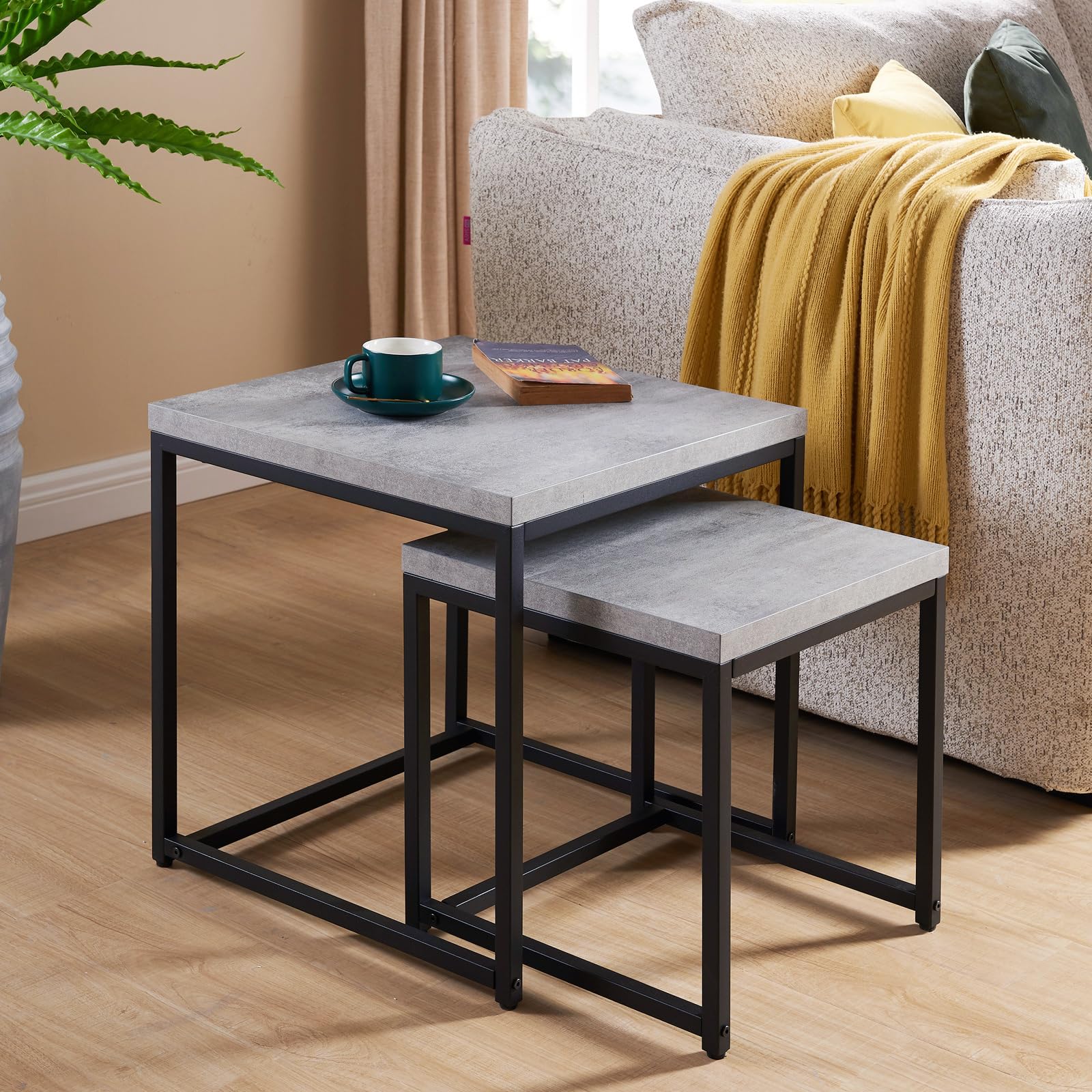 CENSI Nesting End Tables Set of 2, 20" Industrial Concrete Grey Side Table, Square Stacking Coffee Table with Thick Faux Stone Top, Modern Metal Nightstand for Living Room, Small Space, Bedroom