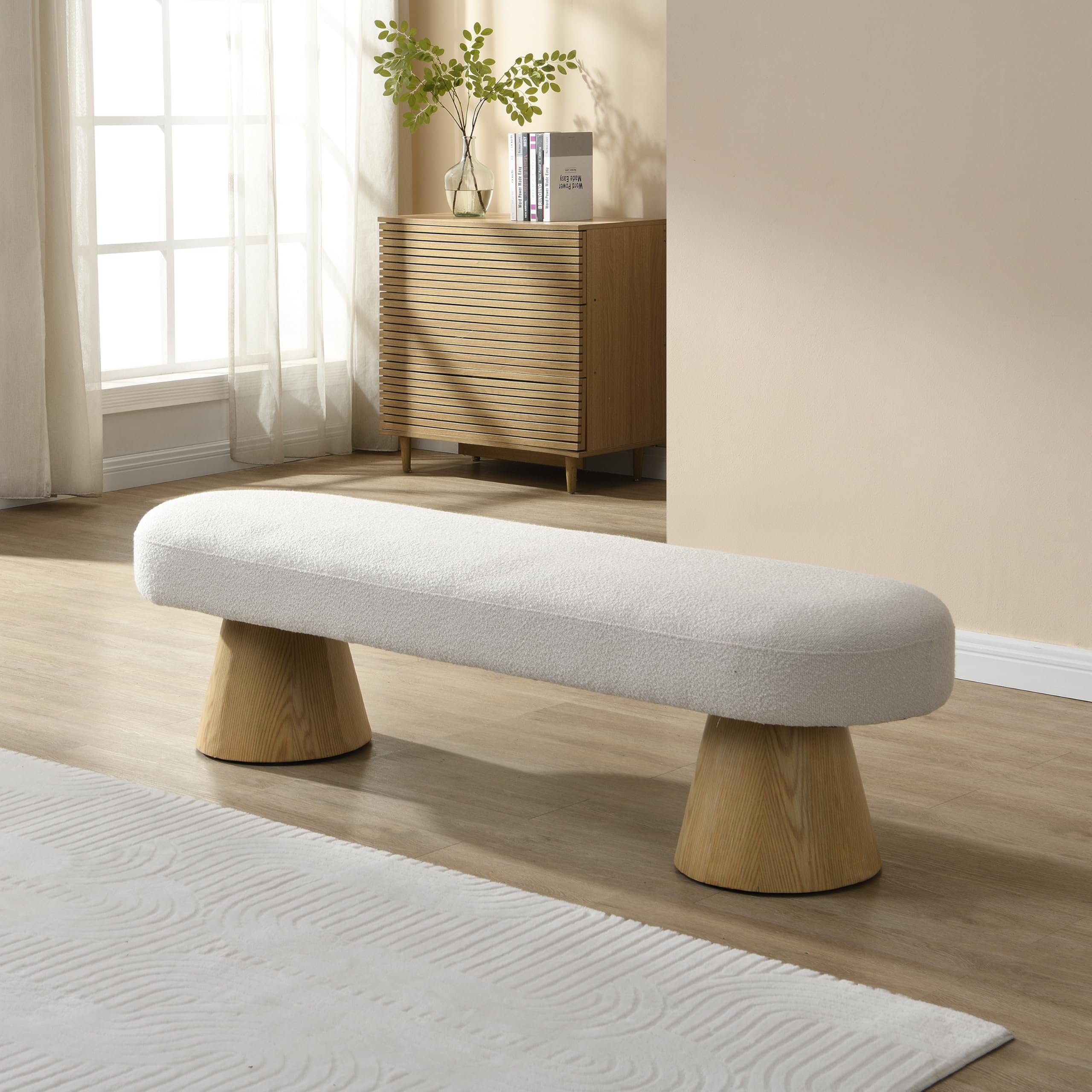 64" Oval Boucle Dining Bench Beige