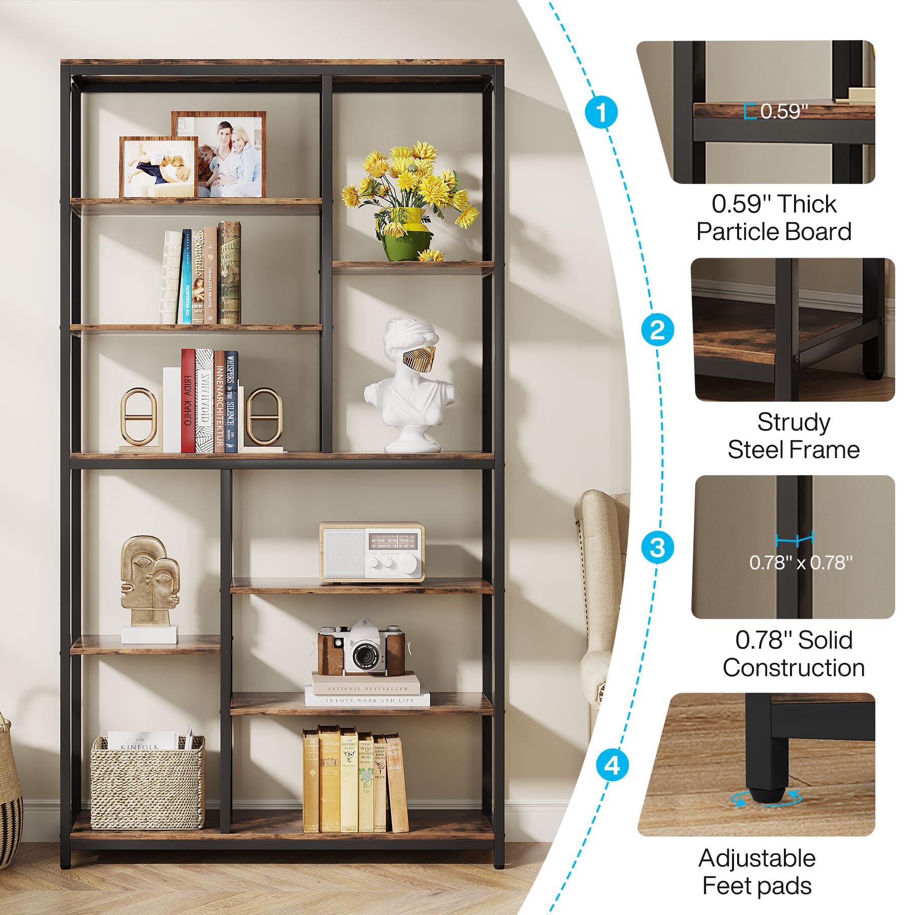 79-Inch Tall Staggered Bookshelf with 8 Open Shelves