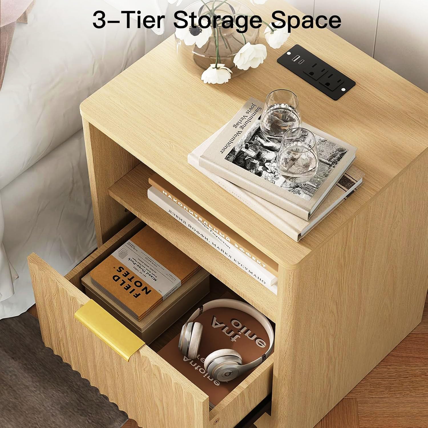 Fluted Nightstand with Charging Station