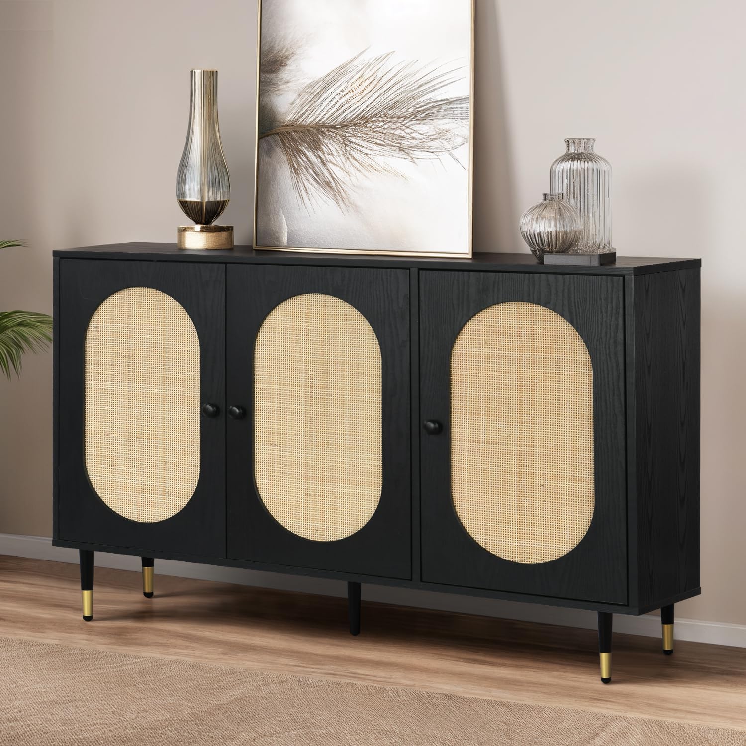 Black Rattan Buffet Cabinet with Adjustable Shelves