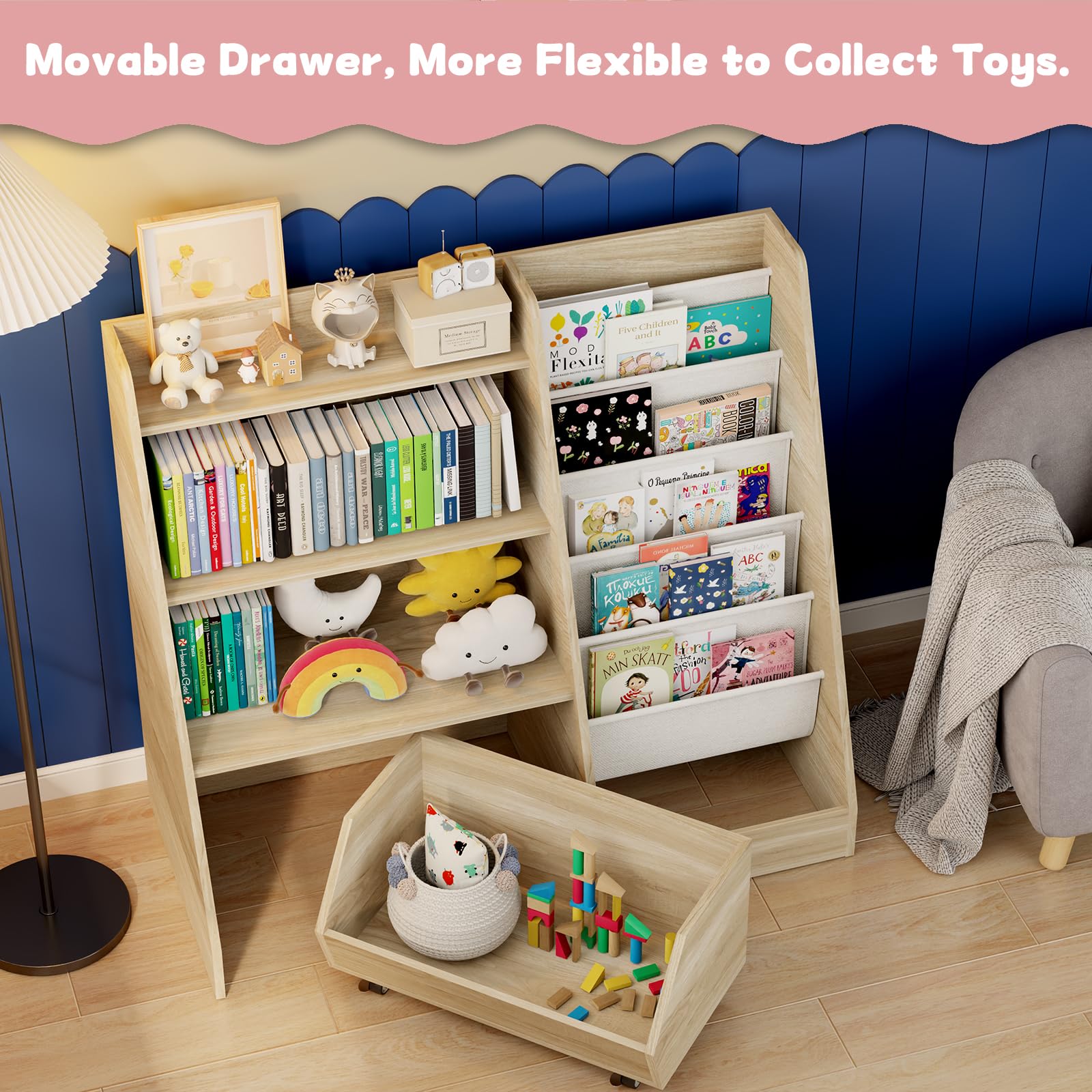 Kids Bookshelf and Toy Storage 4 Tier with Movable Drawer
