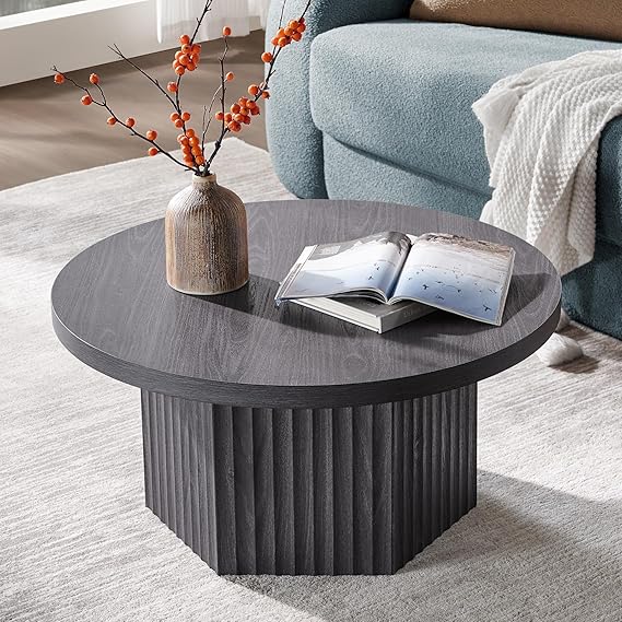 Round Coffee Table Grey Alder 31.5 Inch Modern Fluted Design