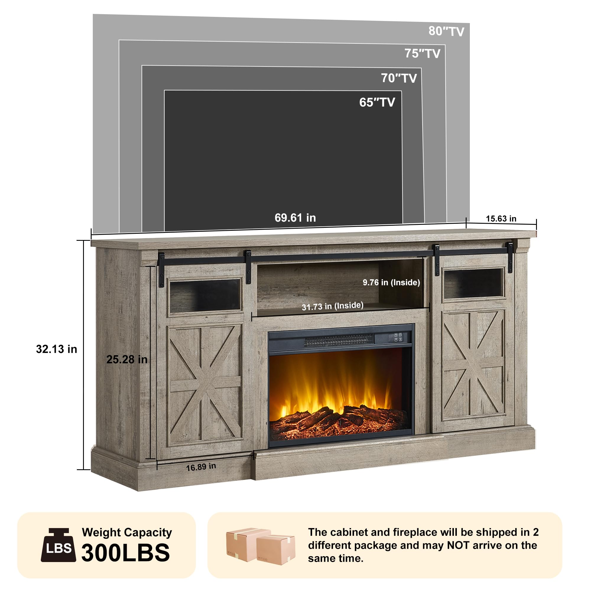 Fireplace TV Stand with Electric Fireplace and Sliding Barn Door