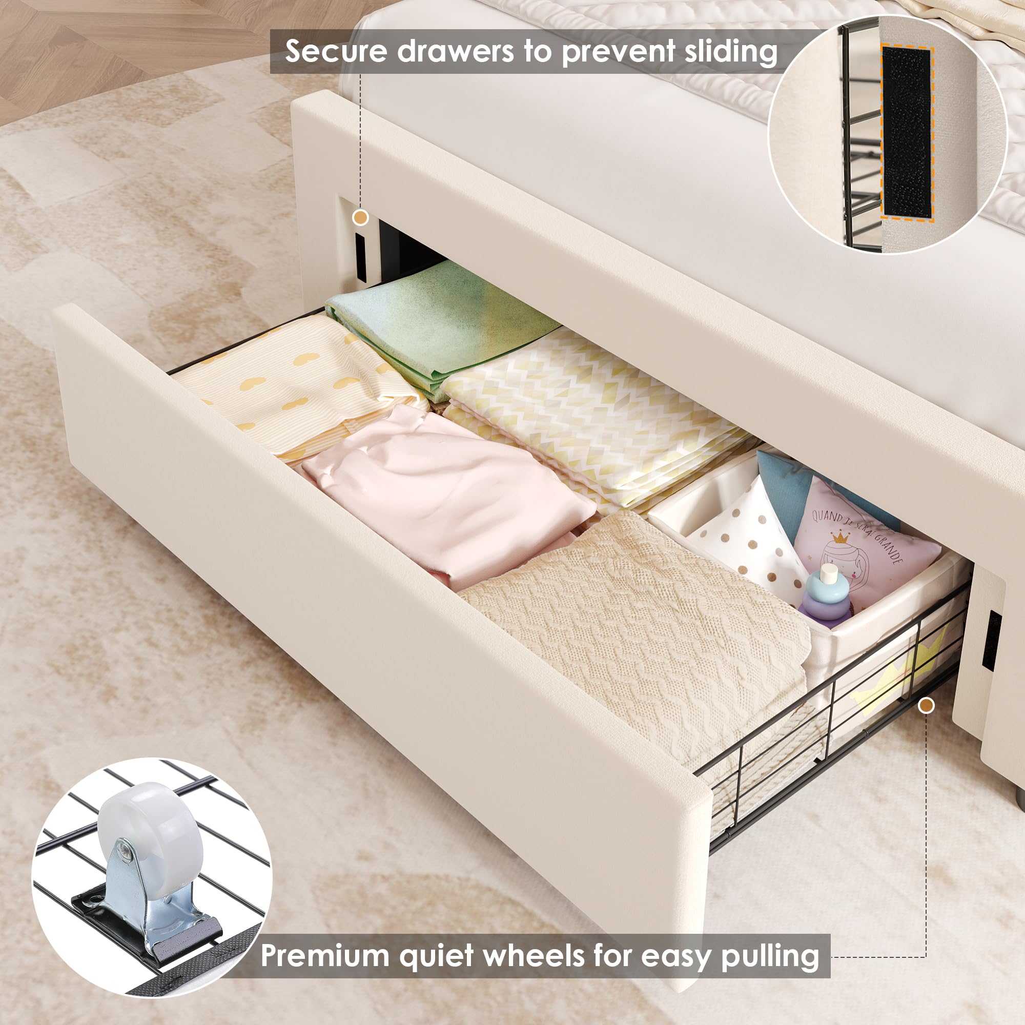 Upholstered LED Twin Bed Frame with Storage and Charging Station