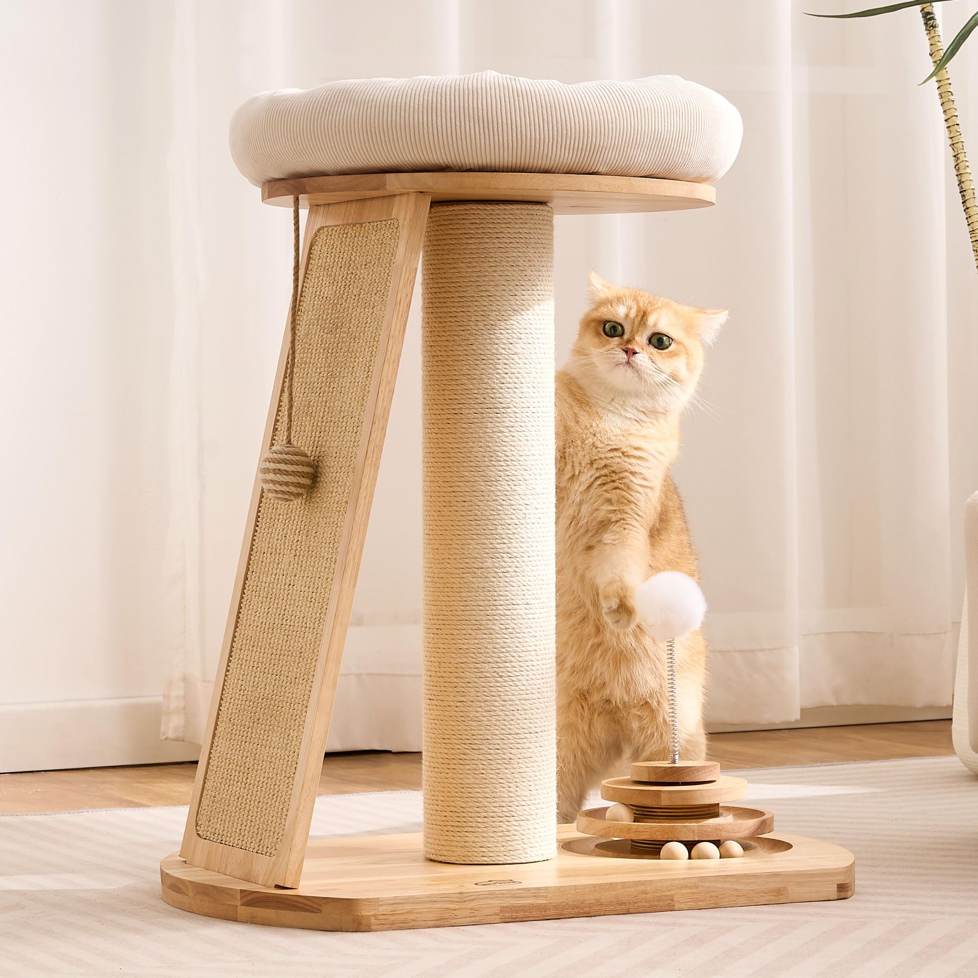 Solid Wood Cat Tree Tower with Scratching Post - 27 Inch