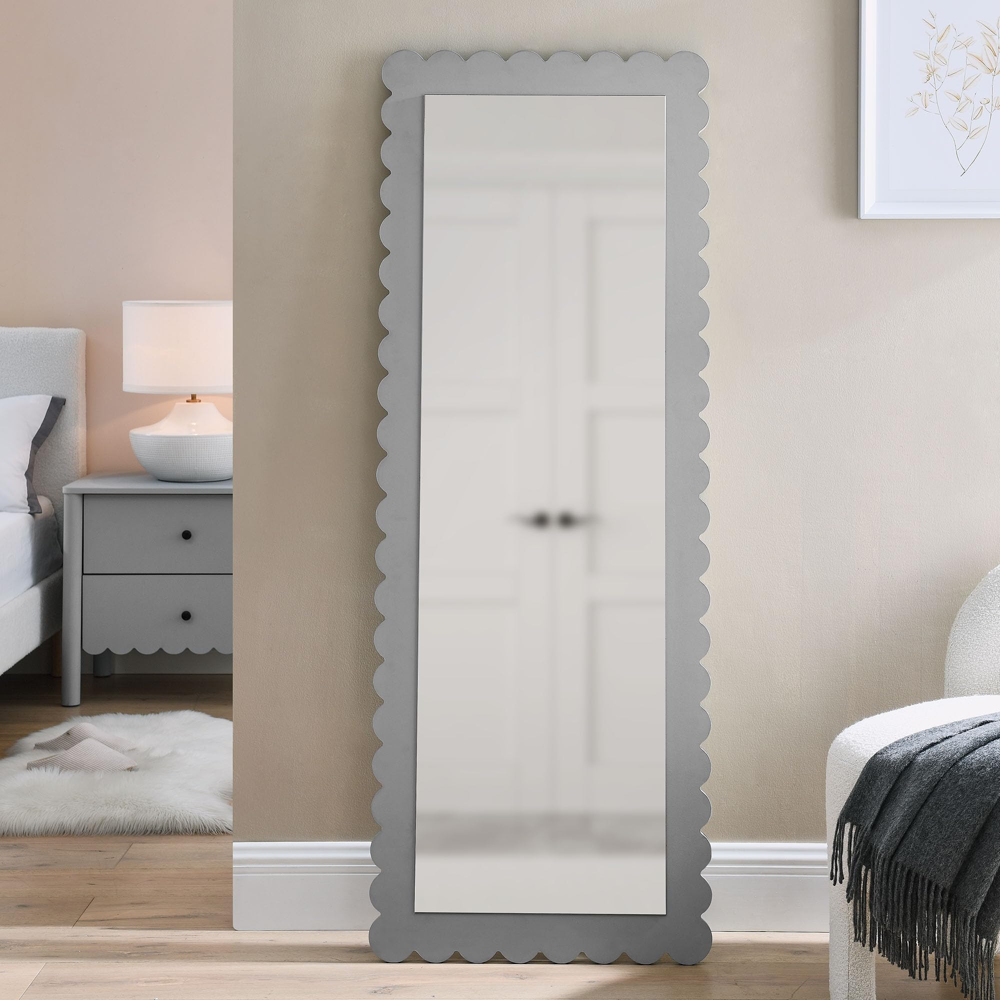Scalloped Full-Length Floor Mirror Light Gray