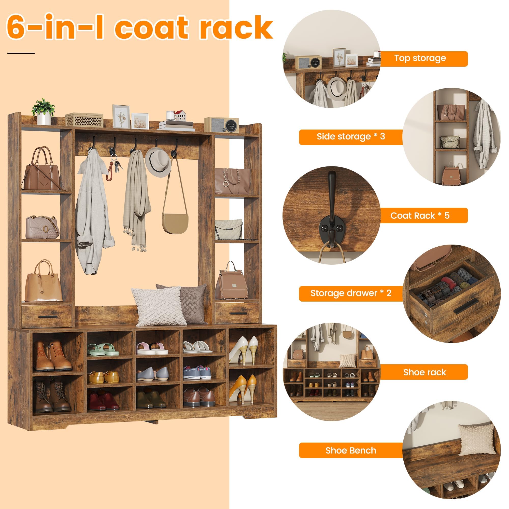 Farmhouse Hall Tree with Shoe Storage