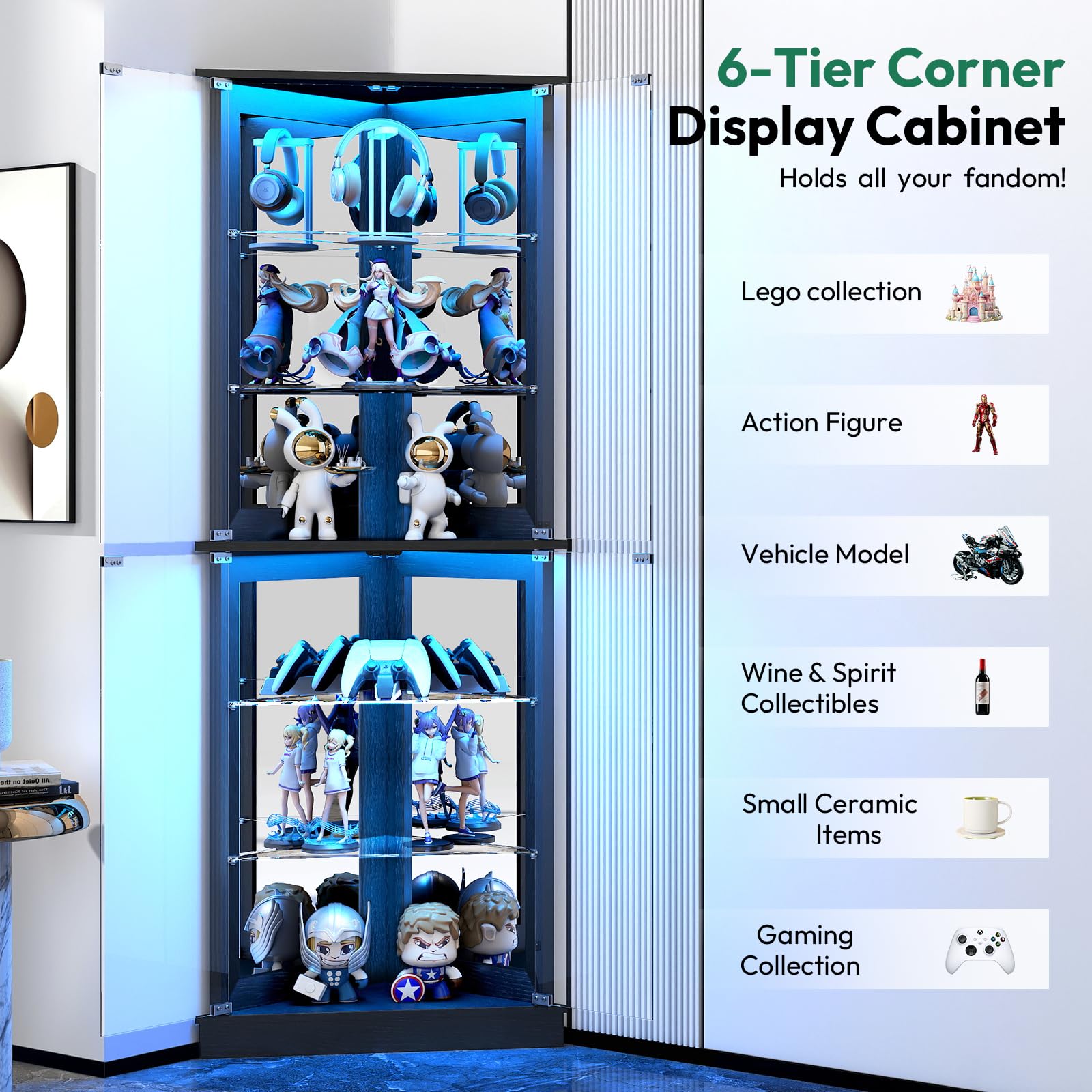 72" Corner Display Cabinet with Glass Doors and LED Lights