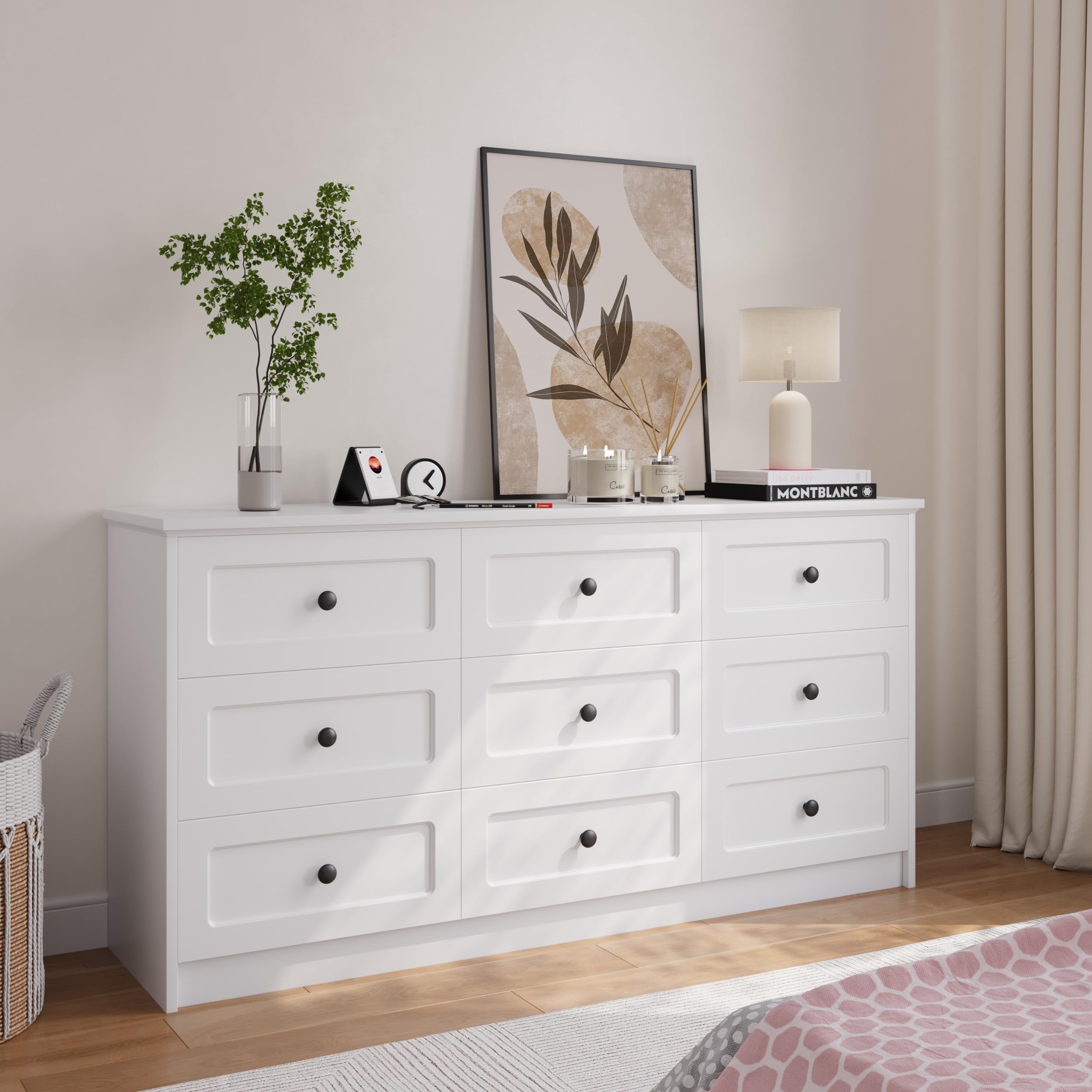 63 Inch 9 Drawer Tall Dresser White
