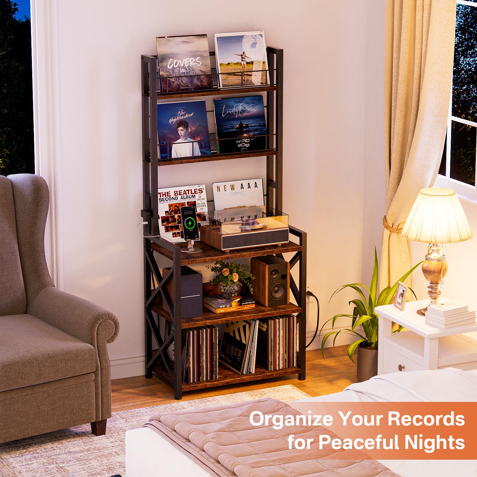 5-Tier Vinyl Record Storage Rack with Turntable Stand