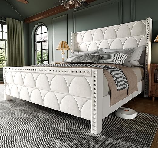 Queen Size Velvet Upholstered Platform Bed Frame