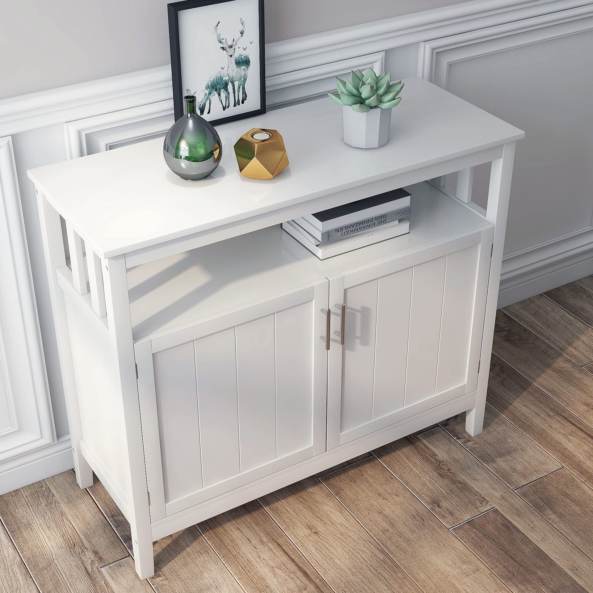 White Kitchen Buffet Cabinet with Adjustable Shelves