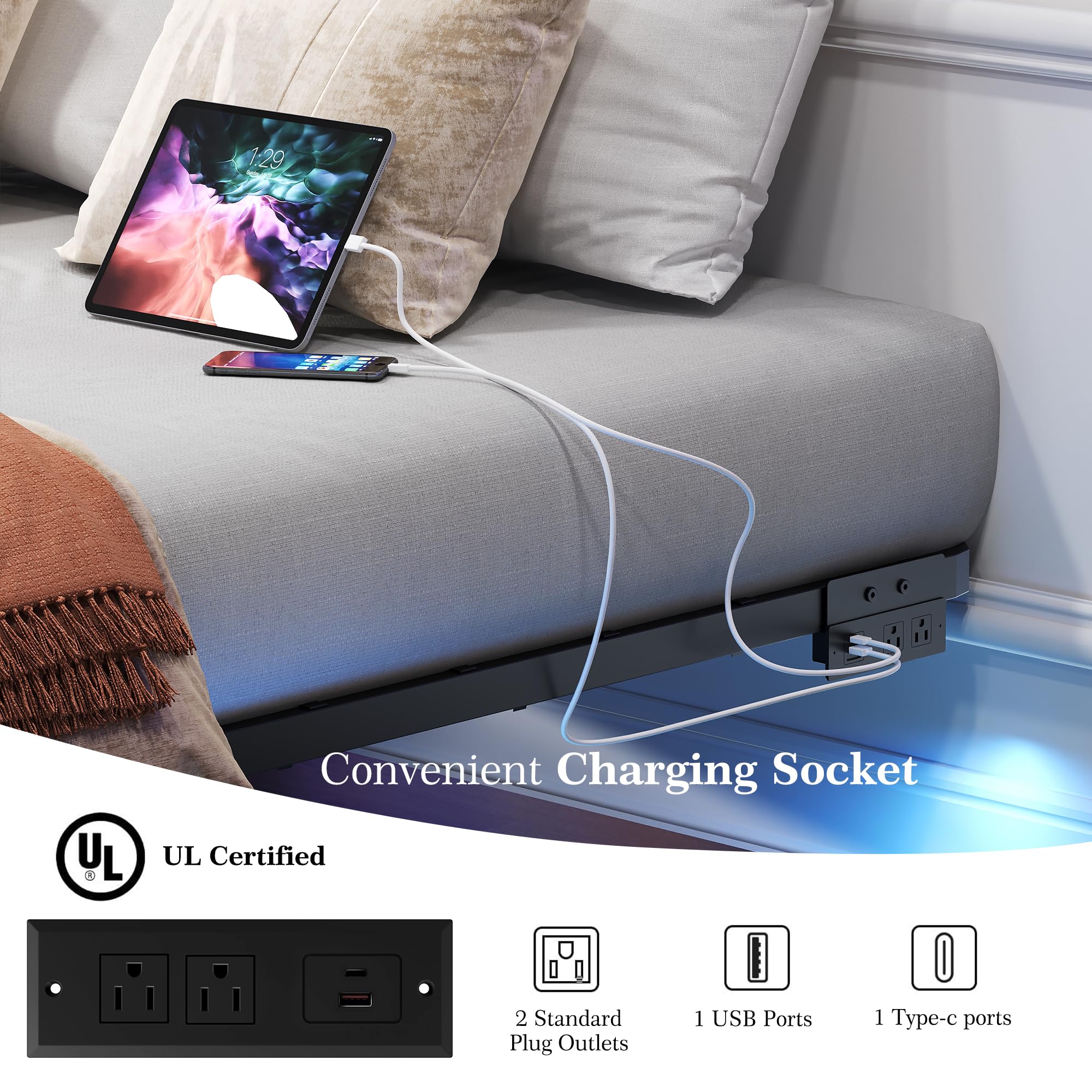 Floating Bed Frame with LED Lights and Charging Station Full Size