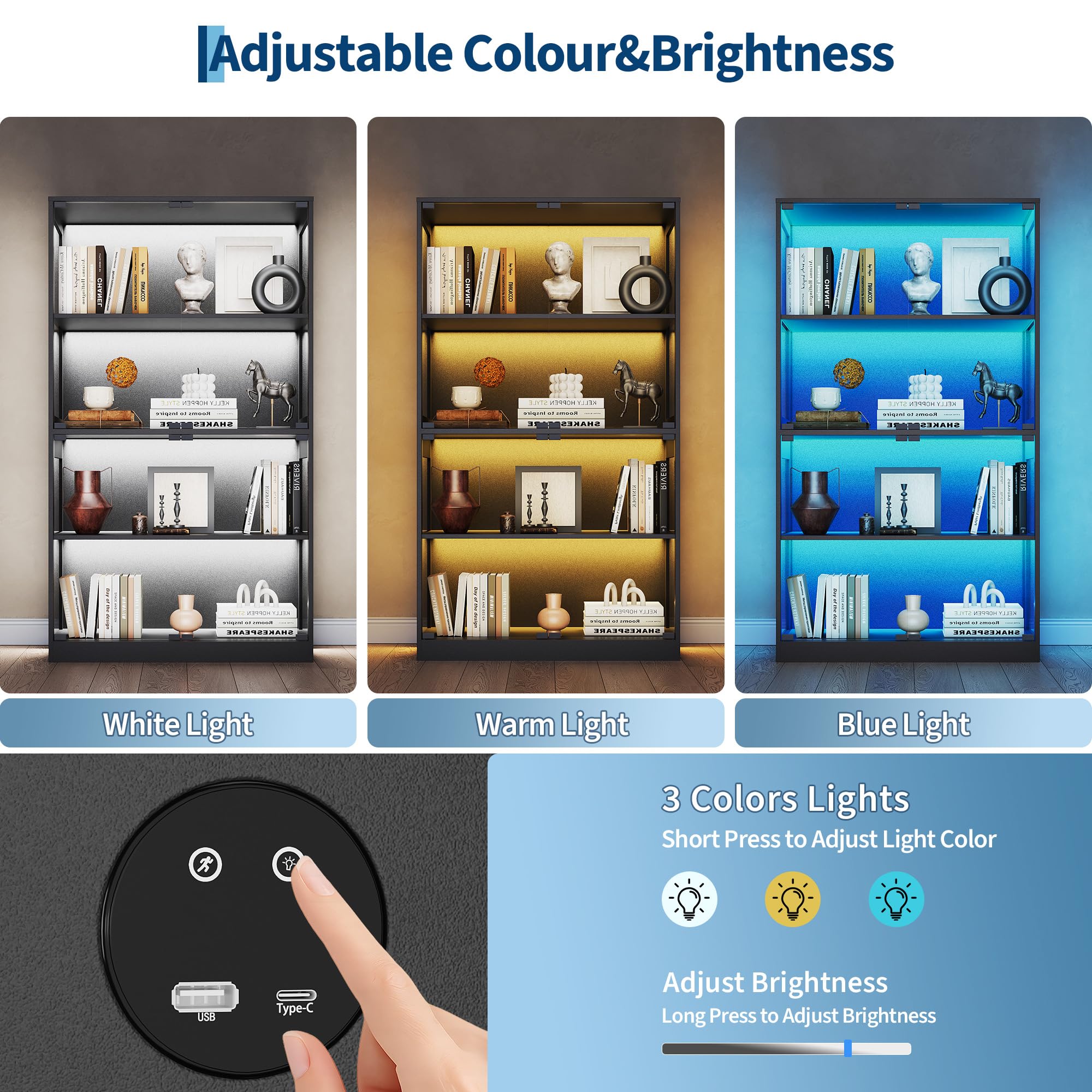 4-Tier Glass Display Cabinet with LED Lights, Human Sensor & Charging Ports