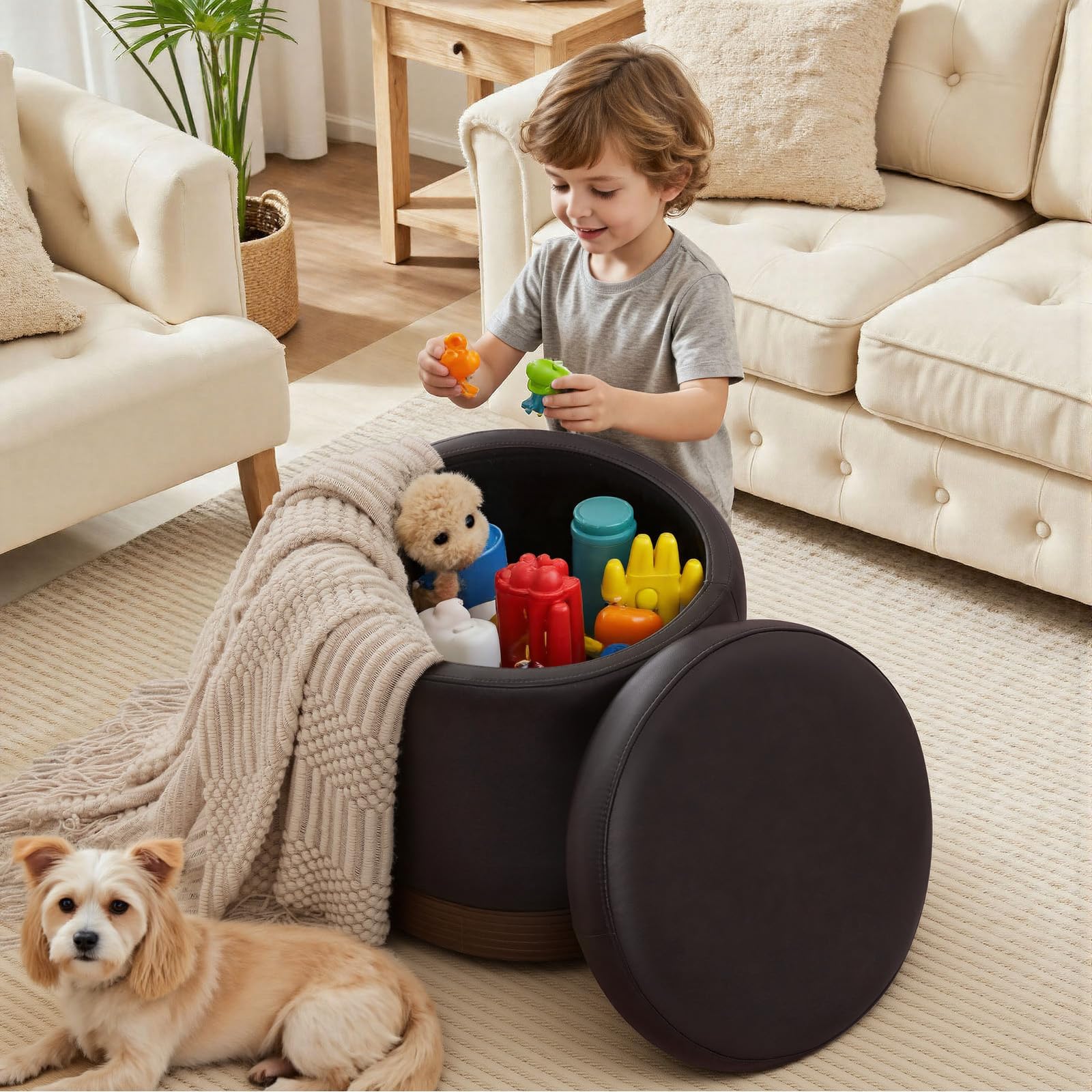 Round Storage Ottoman Dark Brown Swivel Footstool