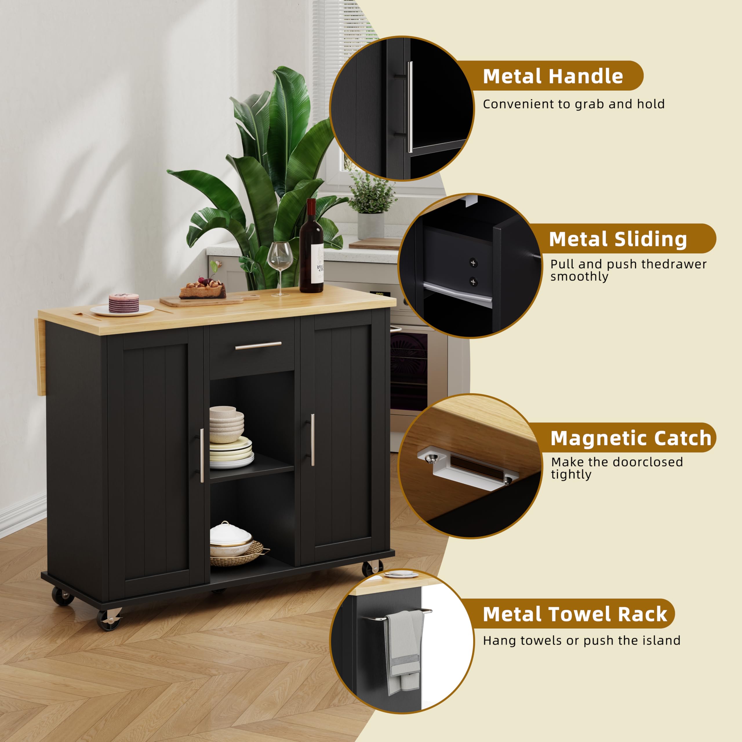 Rolling Kitchen Island Cart with Wheels and Drop Leaf