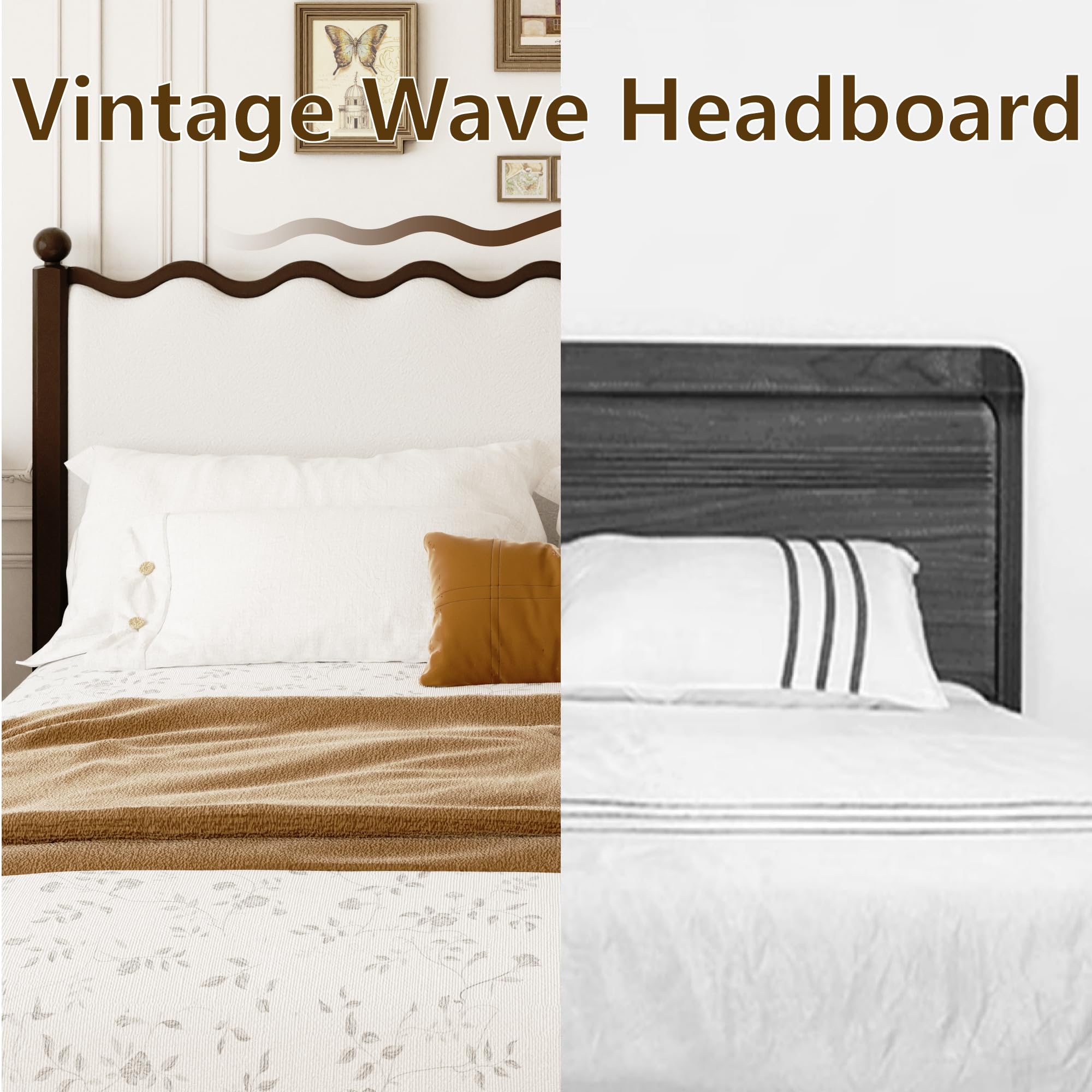 Queen Bed Frame with Vintage Wave Headboard 48" Tall