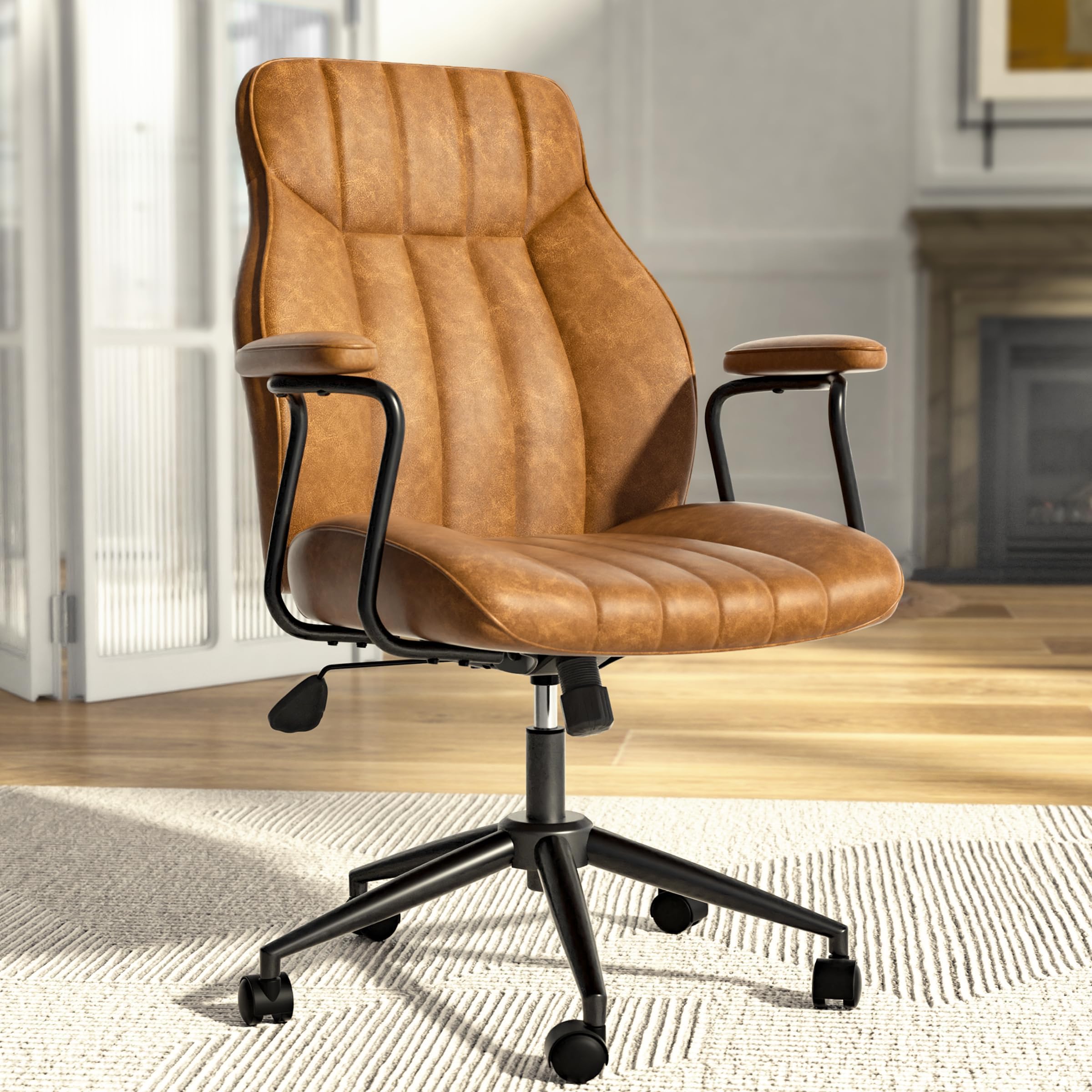 Brown Leather Office Chair - Height Adjustable with Wheels