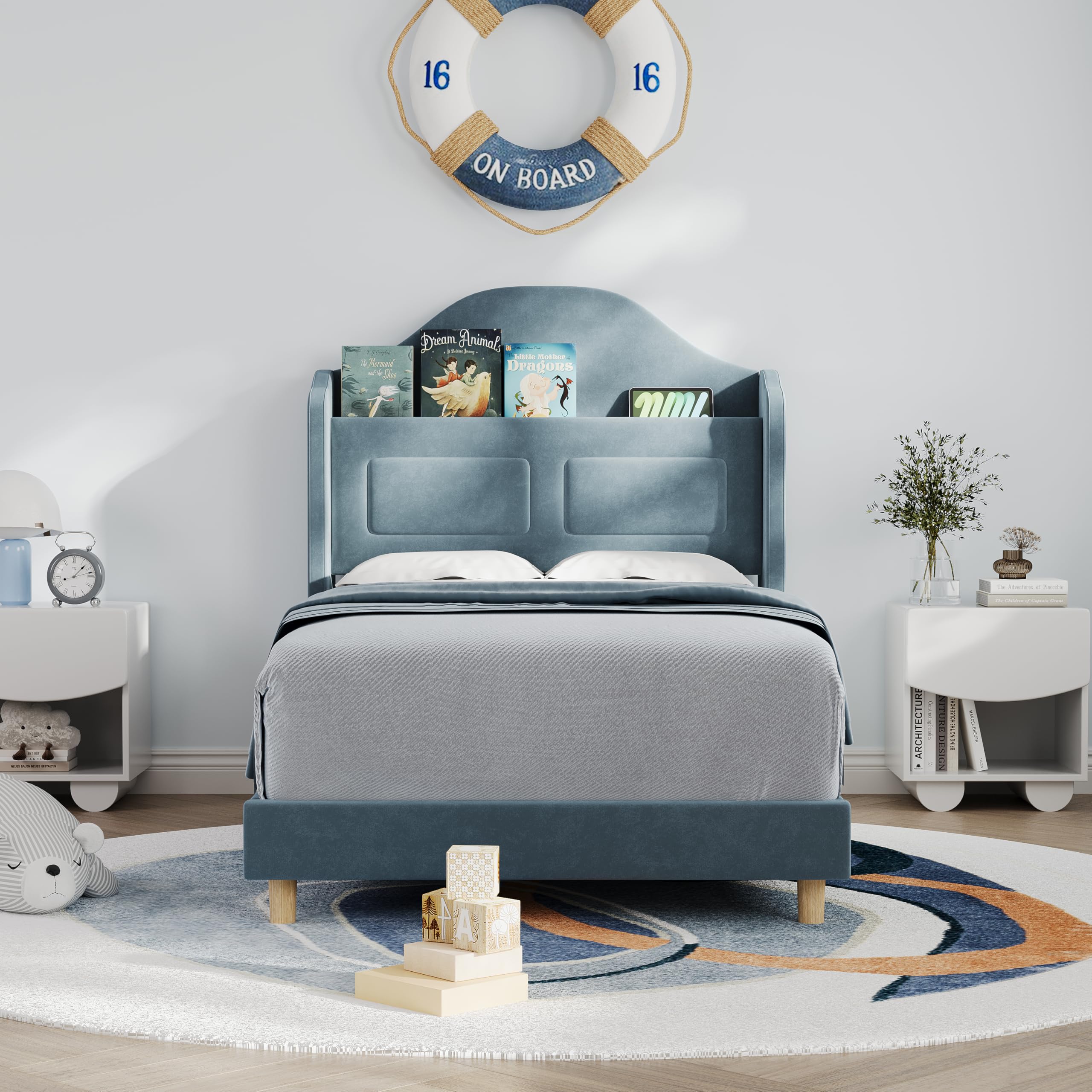 Twin LED Platform Bed with Storage Headboard