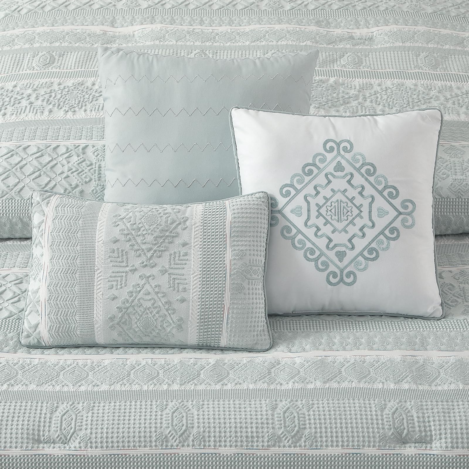 7 Piece Queen Comforter Set Dusty Green Jacquard Patchwork