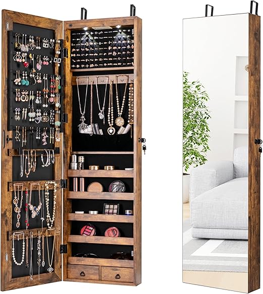 Mirrored Jewelry Armoire with Full-Length Mirror and LED Lights