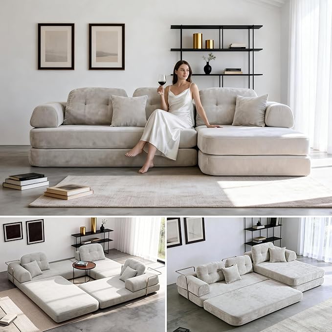 104" Modular Sofa Bed - 8-in-1 Convertible Sectional Couch with High Resilience Sponge