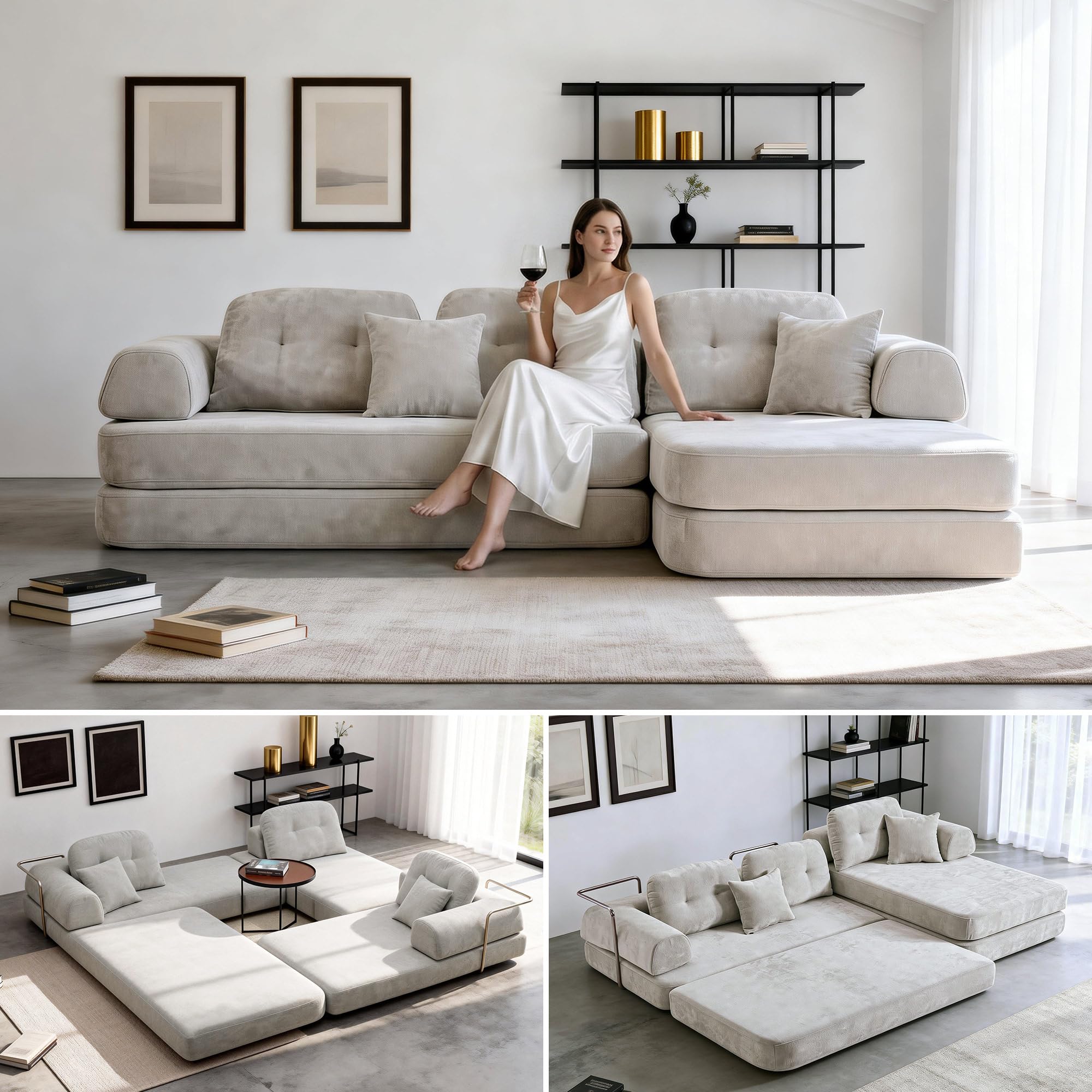 104" Modular Sofa Bed - 8-in-1 Convertible Sectional Couch with High Resilience Sponge
