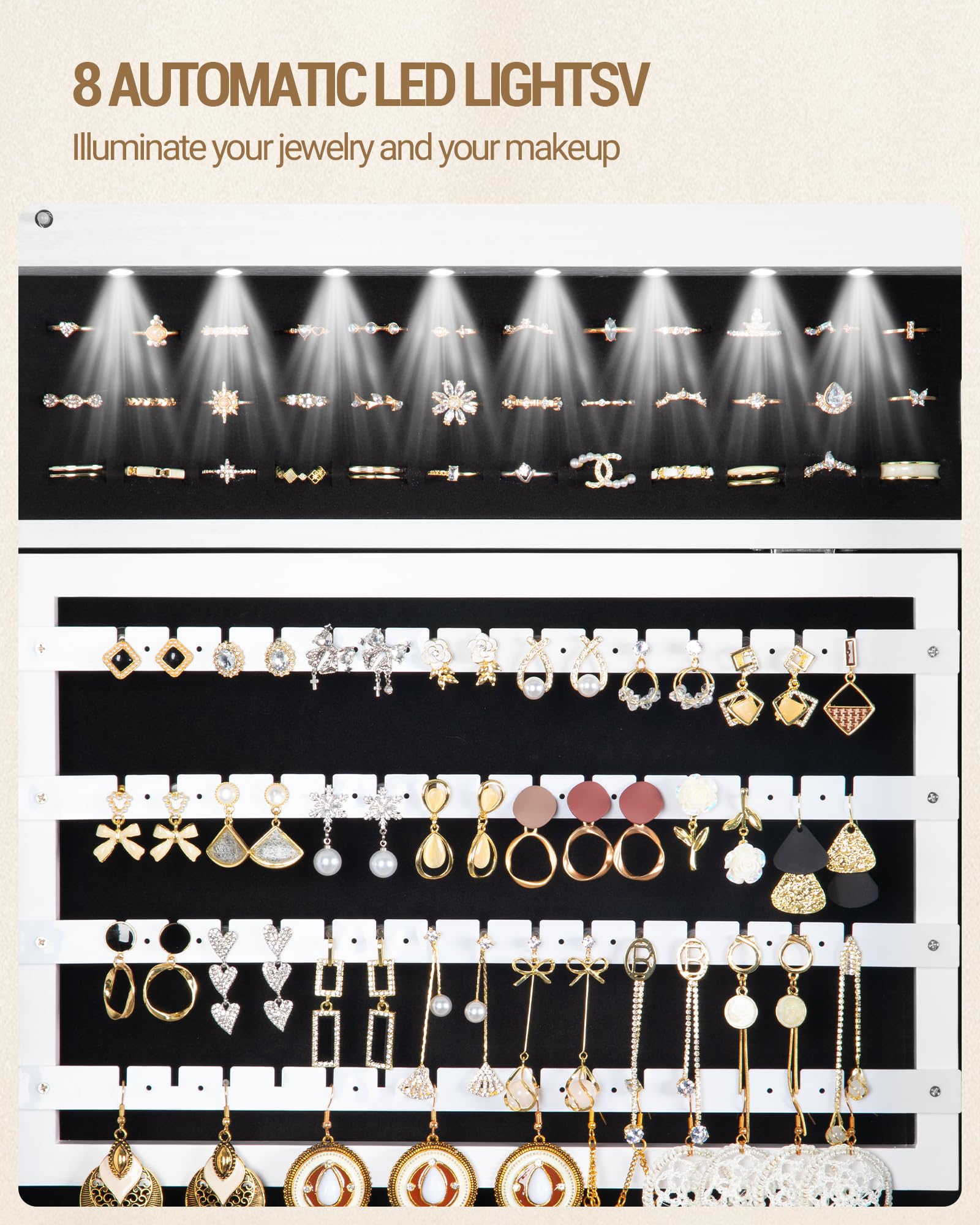 8 LED Jewelry Cabinet Armoire with Full-Length Mirror