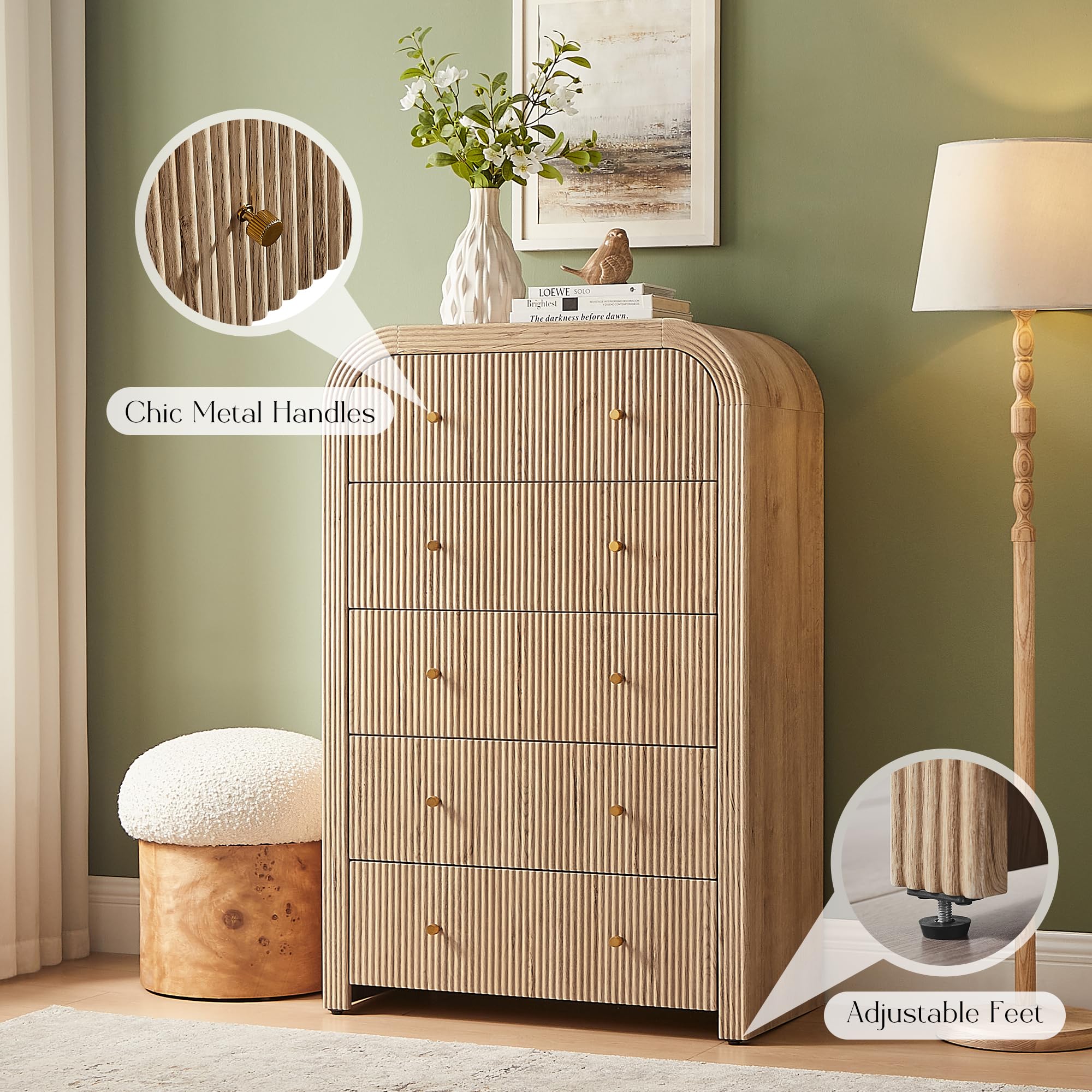 5-Drawer Fluted Dresser Natural Oak