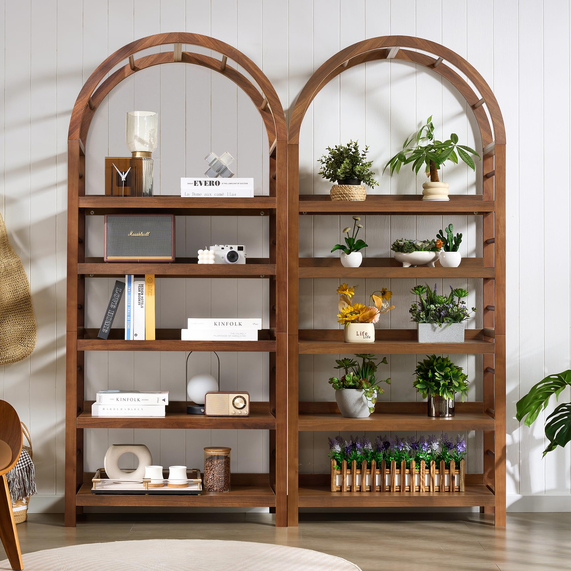 5-Tier Arched Bookshelf with Solid Wood Frame