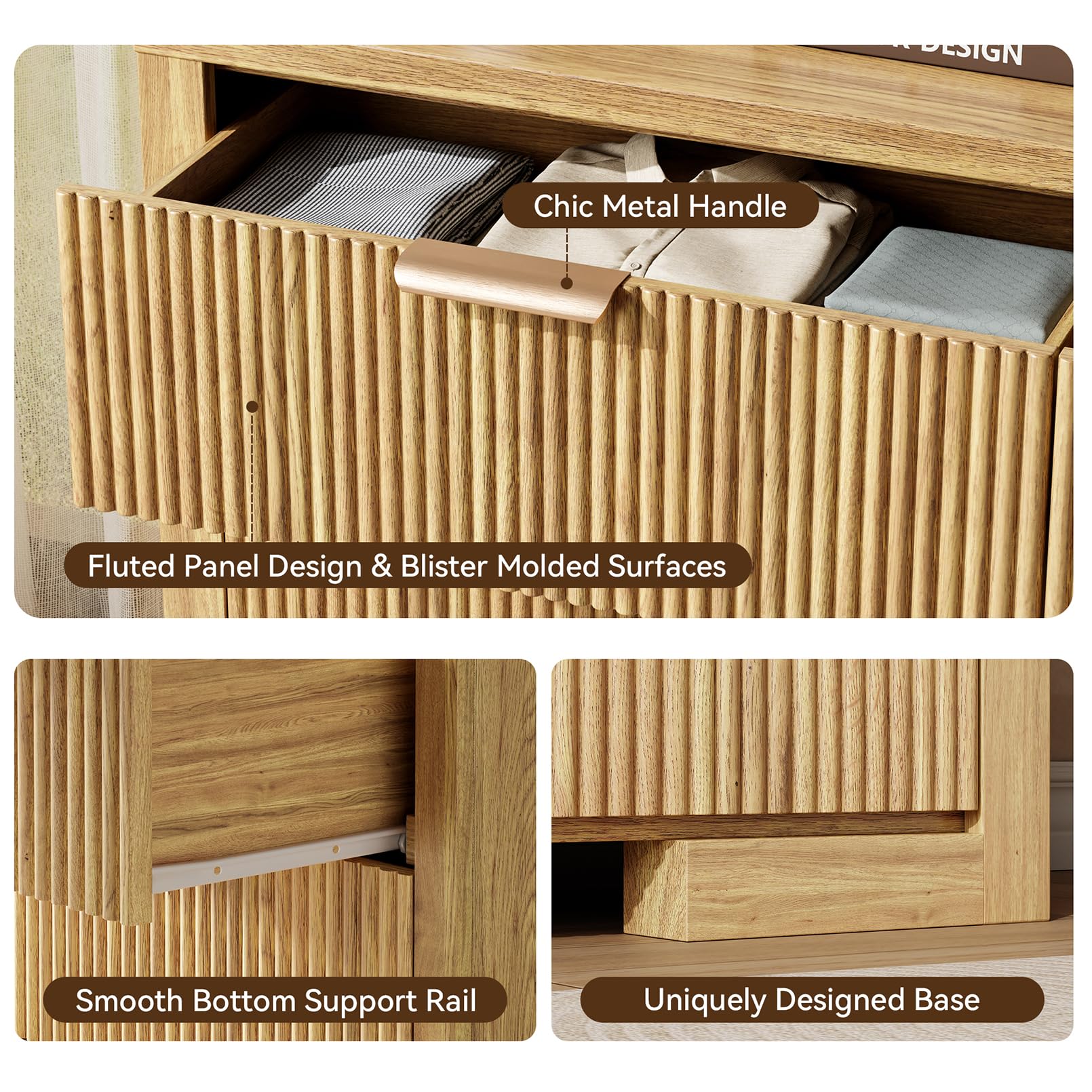 Fluted 6-Drawer Dresser 54 Inch Natural Oak
