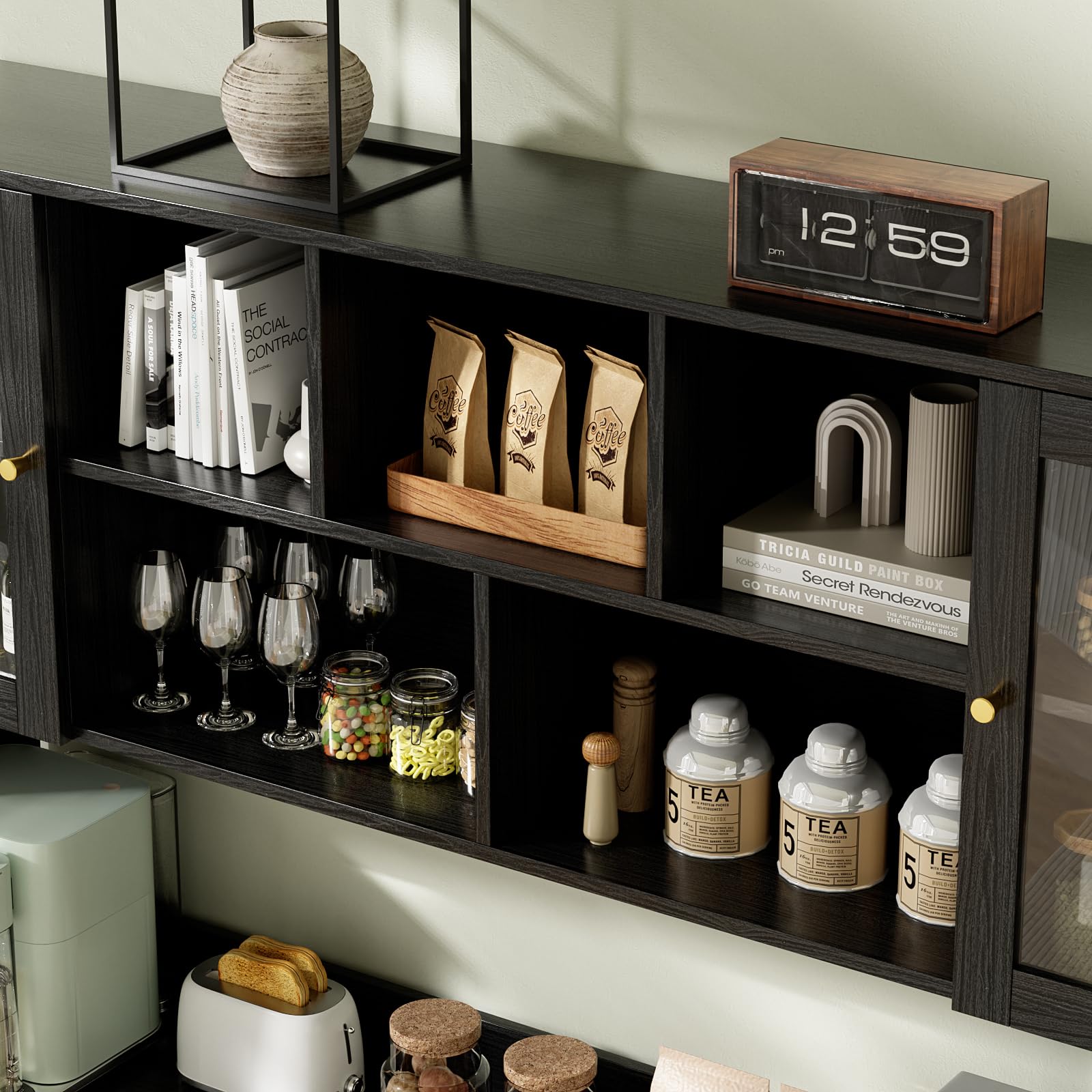 Kitchen Hutch Cabinet with Glass Doors