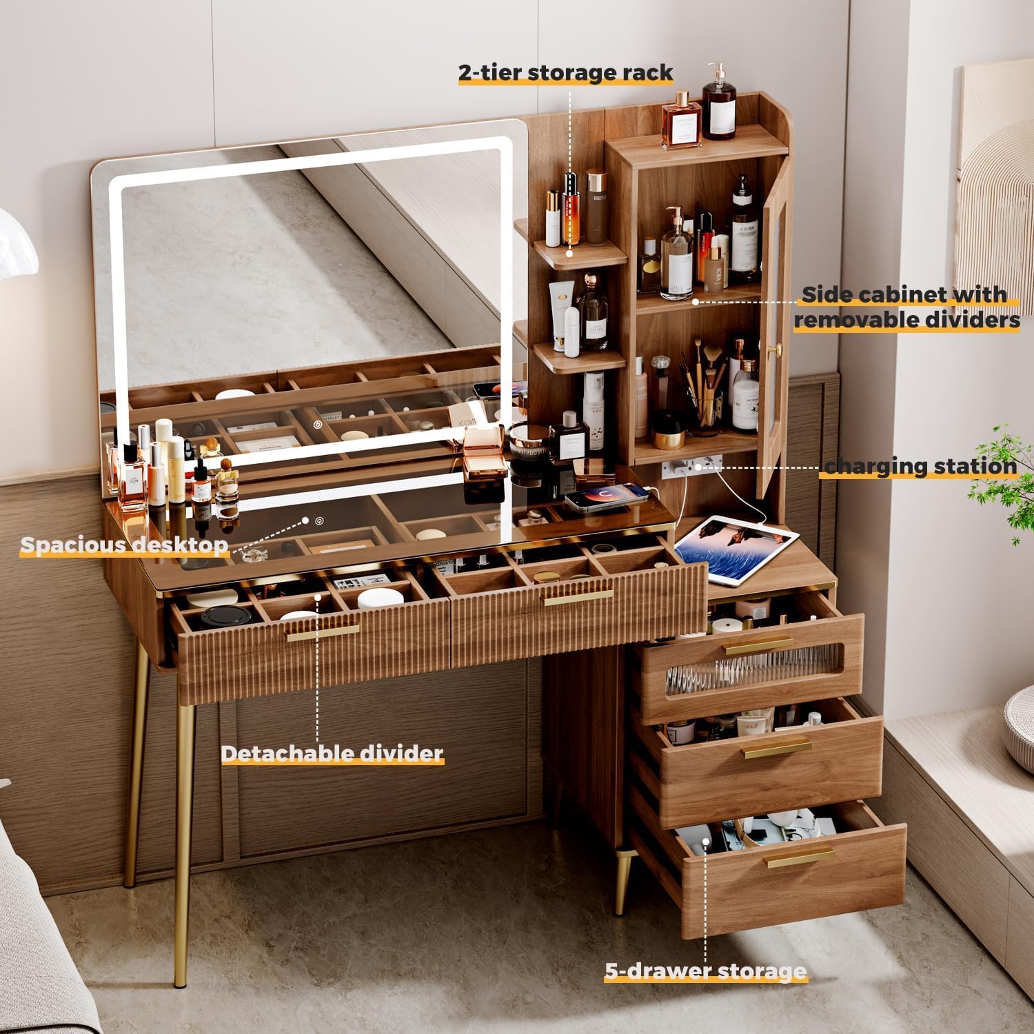 Vanity Desk with HD Lighted Mirror and 5 Drawers
