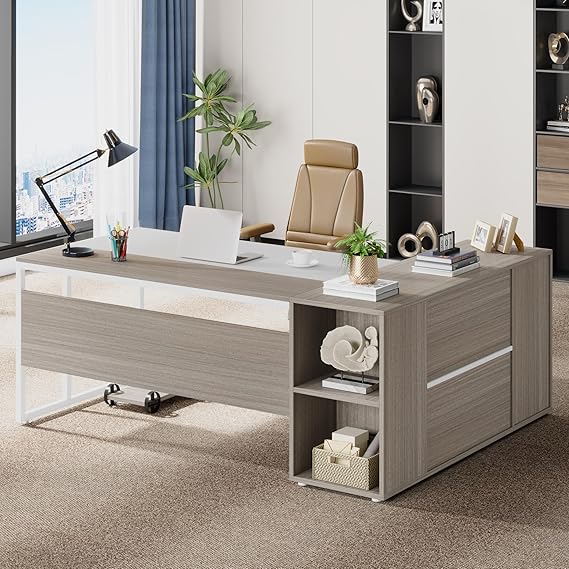71 Inch L-Shaped Executive Desk with Cabinet Storage