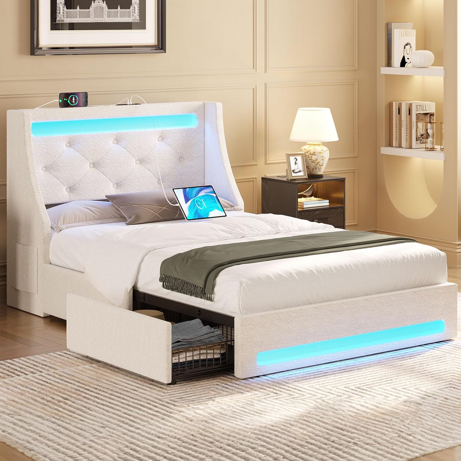 Full Bed Frame with LED Lights and Charging Station