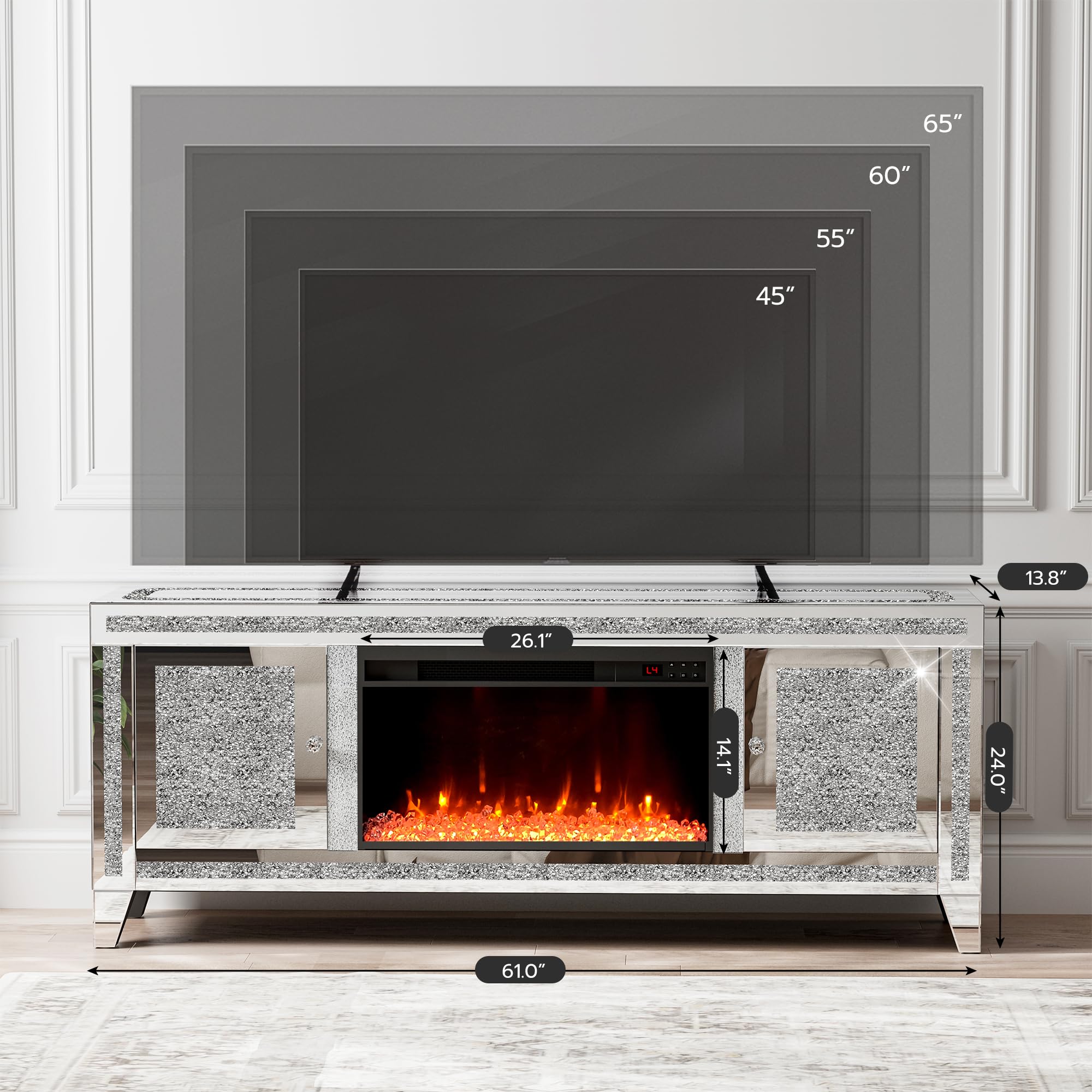 Mirrored Electric Fireplace TV Stand with Storage