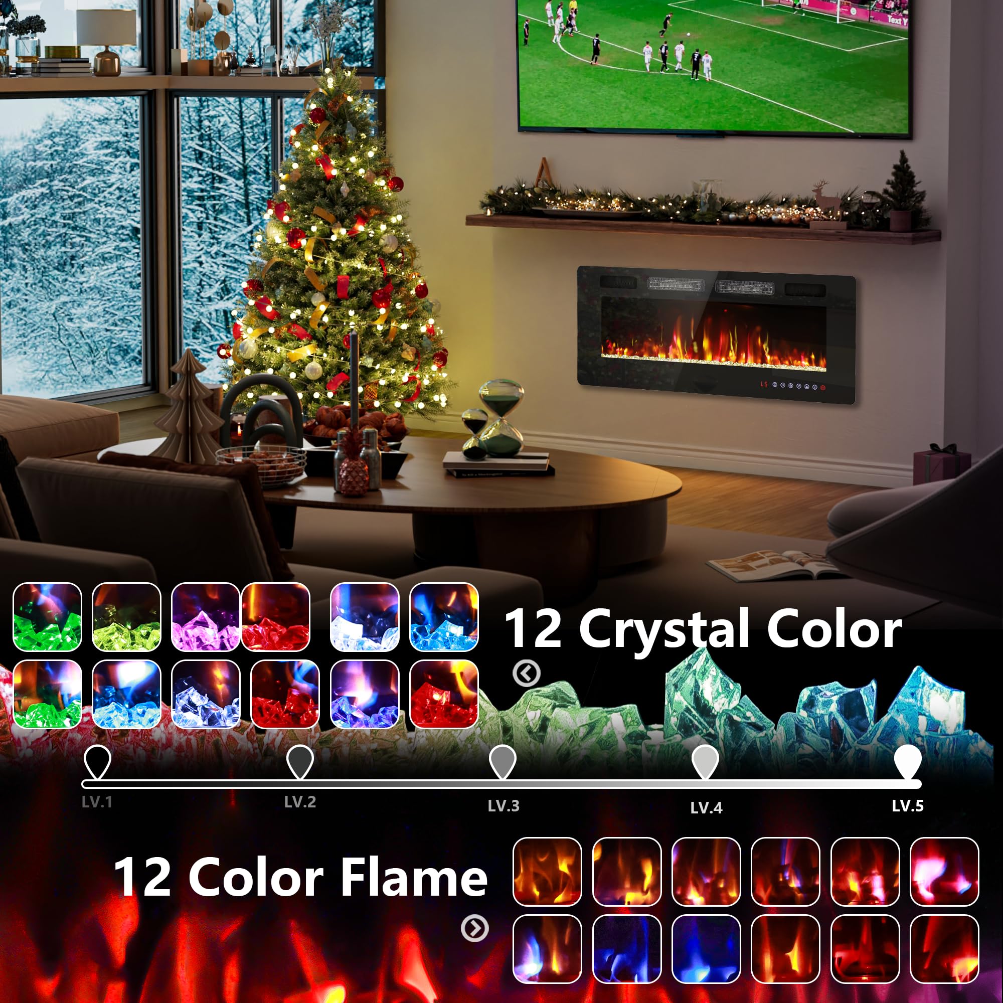 42" Electric Fireplace Wall Mounted & Freestanding LED Insert