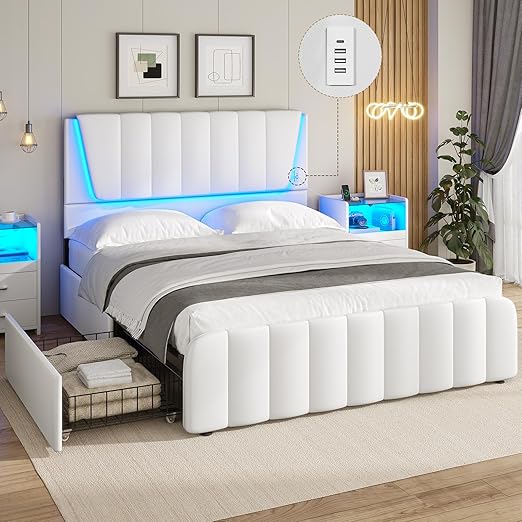 Full Size LED Bed Frame with Storage Drawers and USB Ports