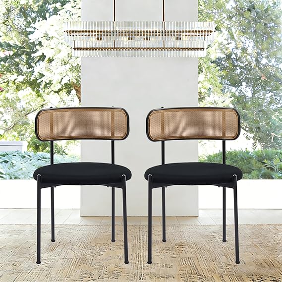 Rattan Dining Chairs Set of 4 with Velvet Cushion