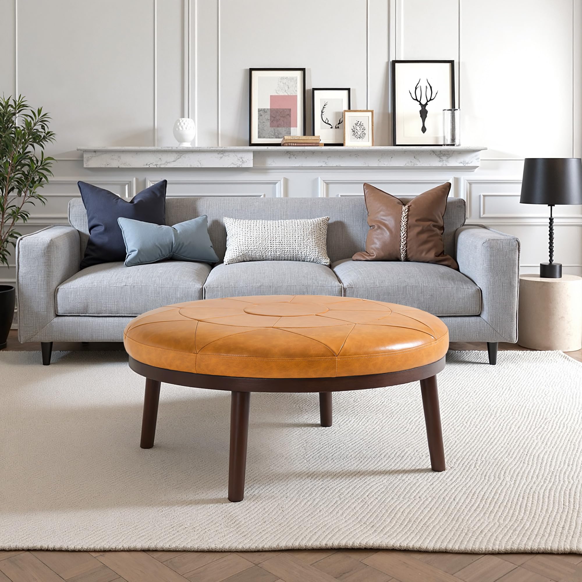 Round Leather Ottoman Coffee Table